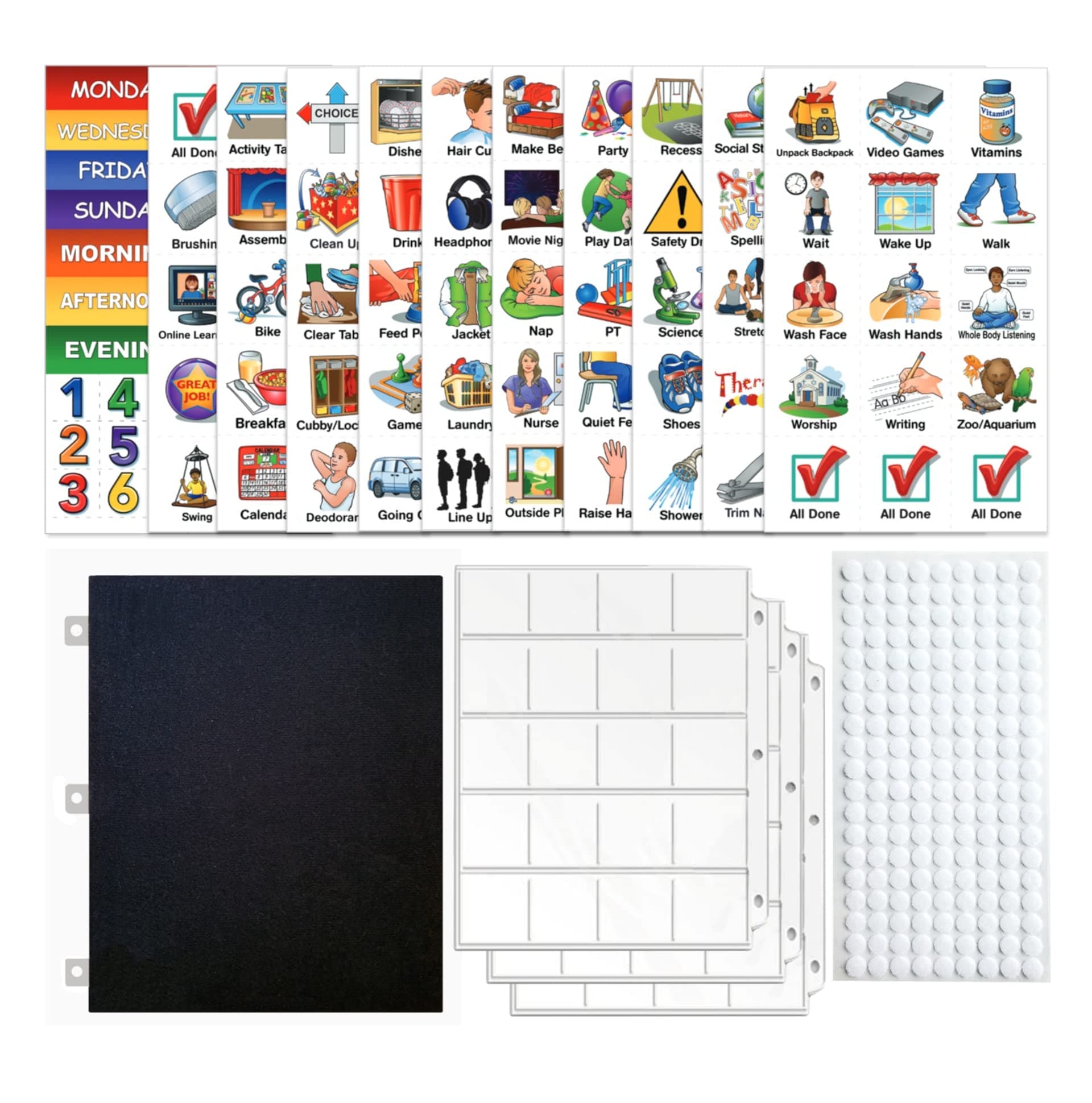 V-KIt - Portable, Binder-Ready Visual Schedule for Kids w/8.5x11" Backboard & 150 laminated Icons plus 21 Headings