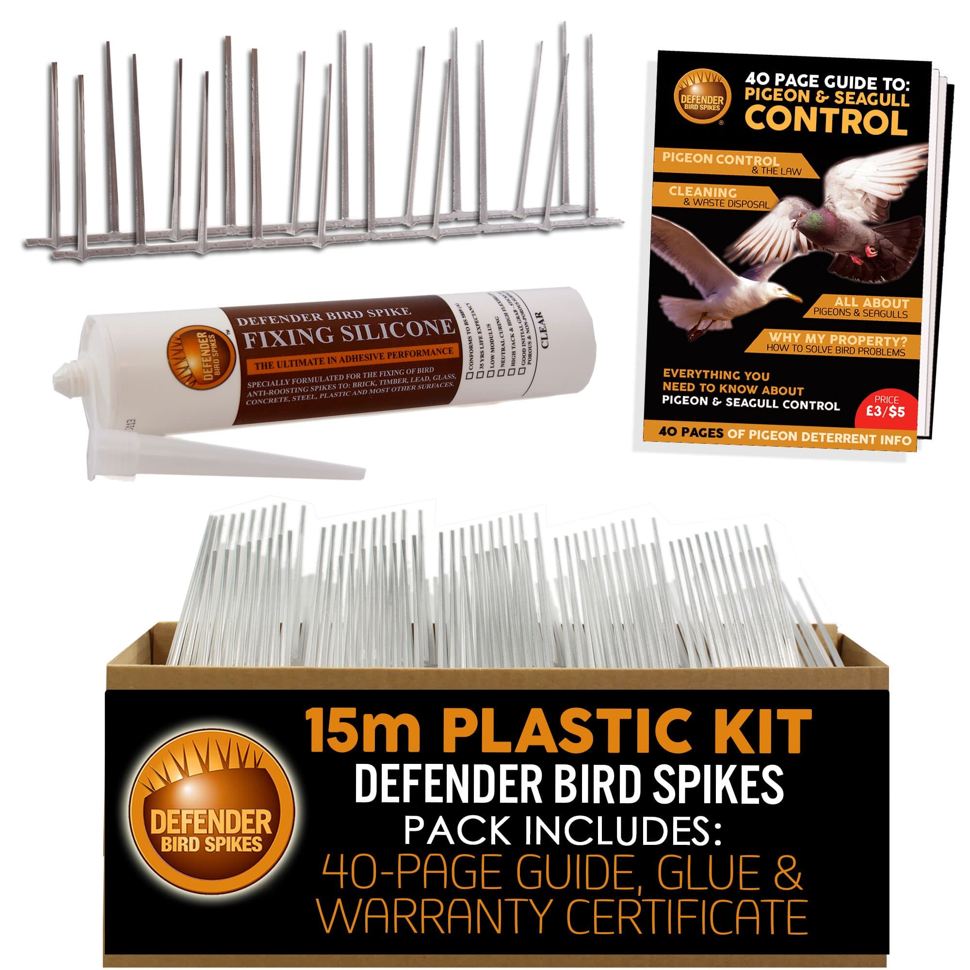 Defender Plastic Bird Spikes Pack | 15 m with Glue | Bird Control Guide | Various Size Packs