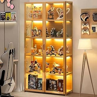 Curio Display Cabinet, 5-Tier Display Case with Acrylic Glass Doors, 63" Tall Transparent Bamboo Curio Display Shelf for Collectibles, Storage Cabinet for Playroom, Bedroom, Office, Living Room, Black