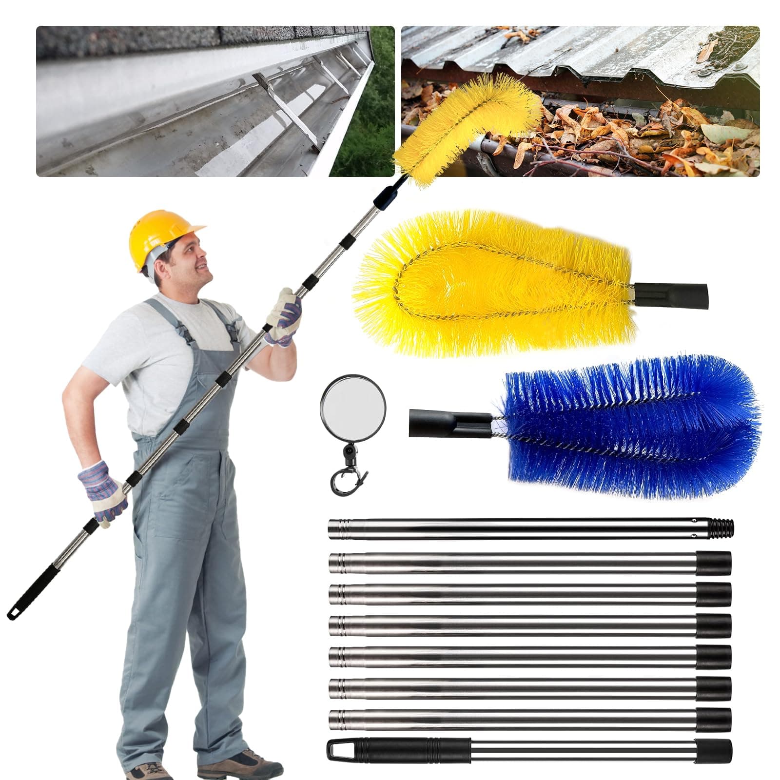 Gutter Cleaning Tools from The Ground, 10ft Gutter Cleaner with 2 Gutter Cleaning Brush, Roofing Tool Rain Gutter Guard Cleaner Tool, Easy Remove Leaves and Debris from The Ground, Yellow/Blue
