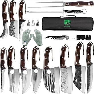 FULLHI 17pcs Butcher Chef Knife Set High Carbon Steel Cleaver Kitchen Knife Whole Tang Vegetable Cleaver Home BBQ Camping with Knife Bag