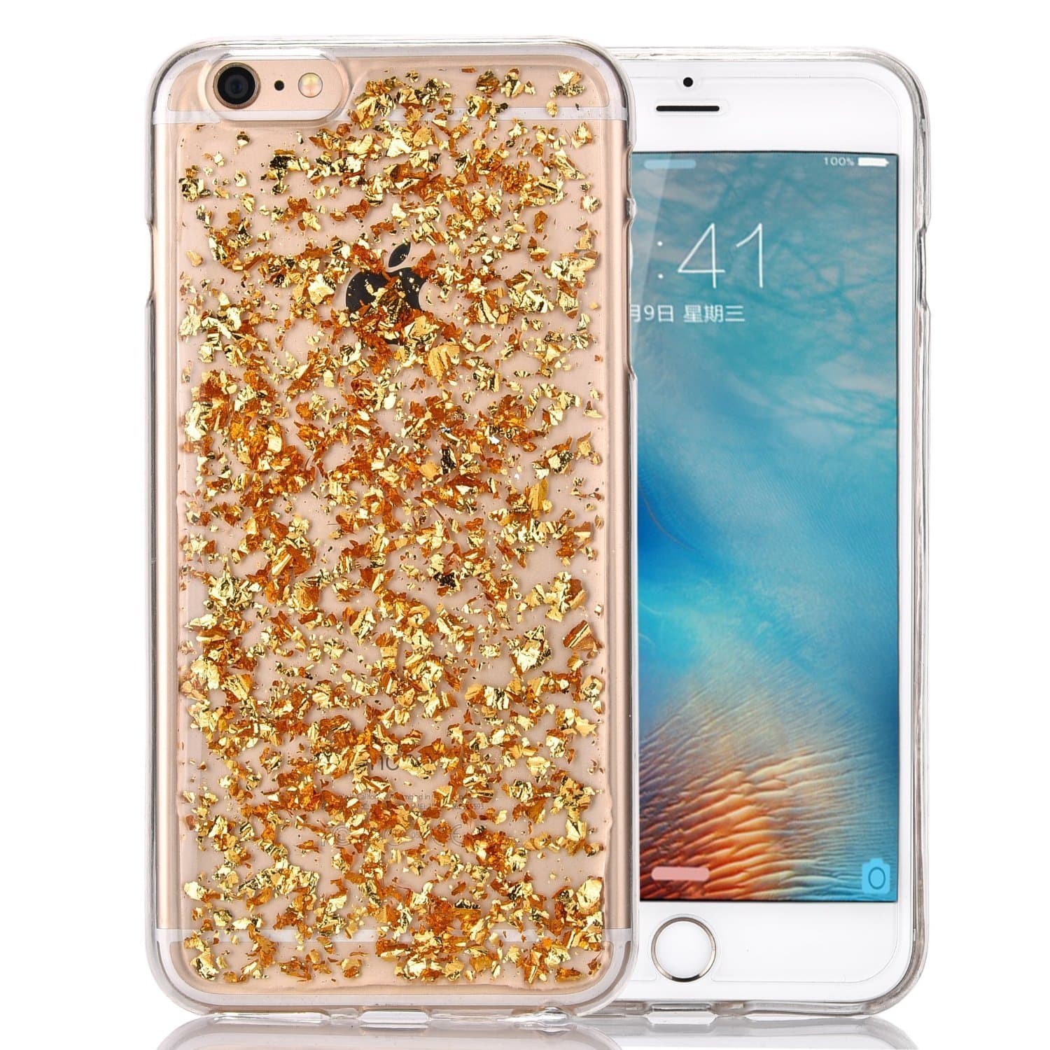 iPhone 6s Case, Luxury Bling Sparkle Faceplate Gold Leaf Design Semi-Transparent Flexible Soft TPU Protective Case Slim Fit for Apple iPhone 6/6s 4.7 Inch (Gold)