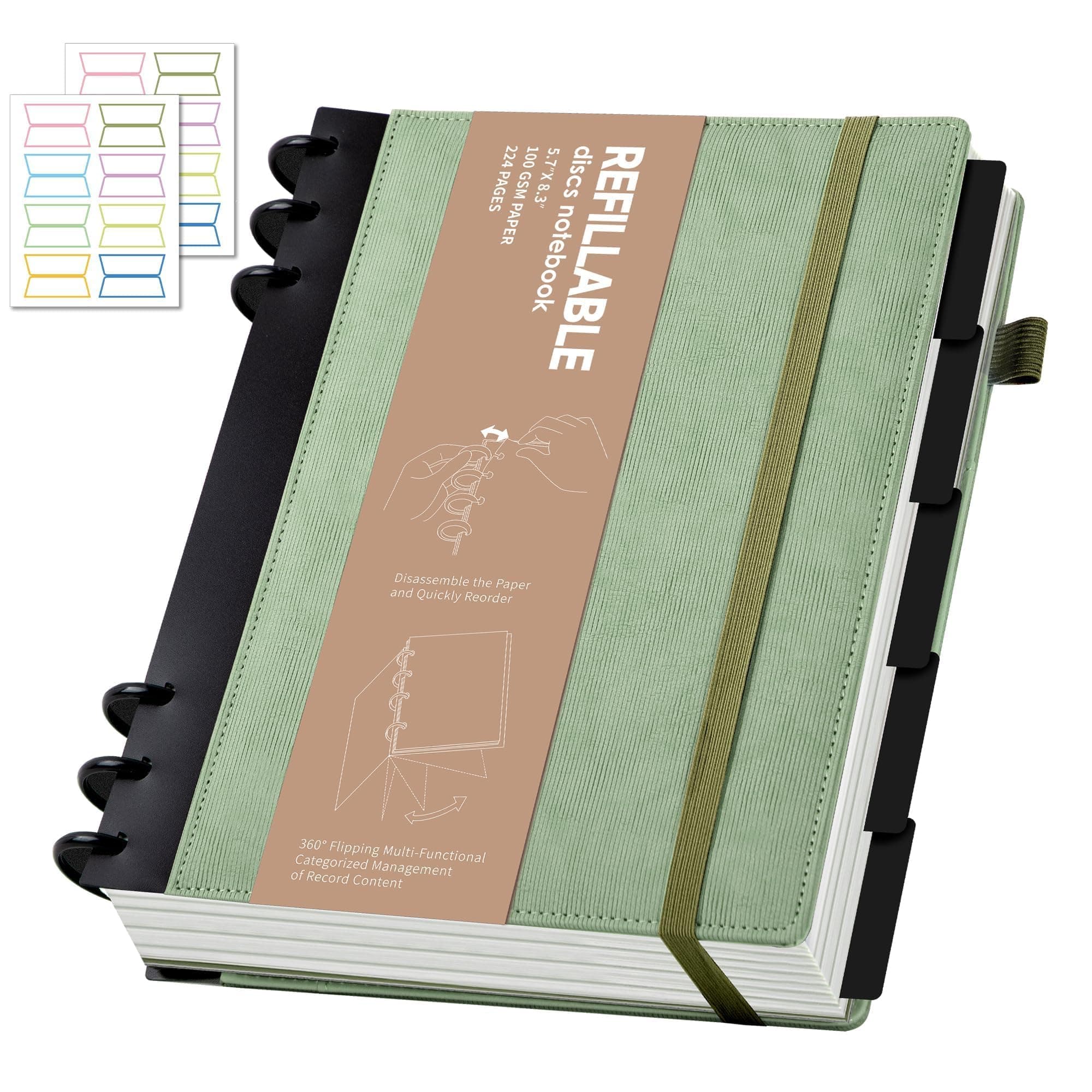 Yoment Leather Journal Notebooks for Work Refillable 224 Page 100 GSM Thick 5 Subject Notebook with Removable Dividers Tabs Hardcover Notebook for School Note Taking Teachers Women Men 6.1 x 8.3,Green