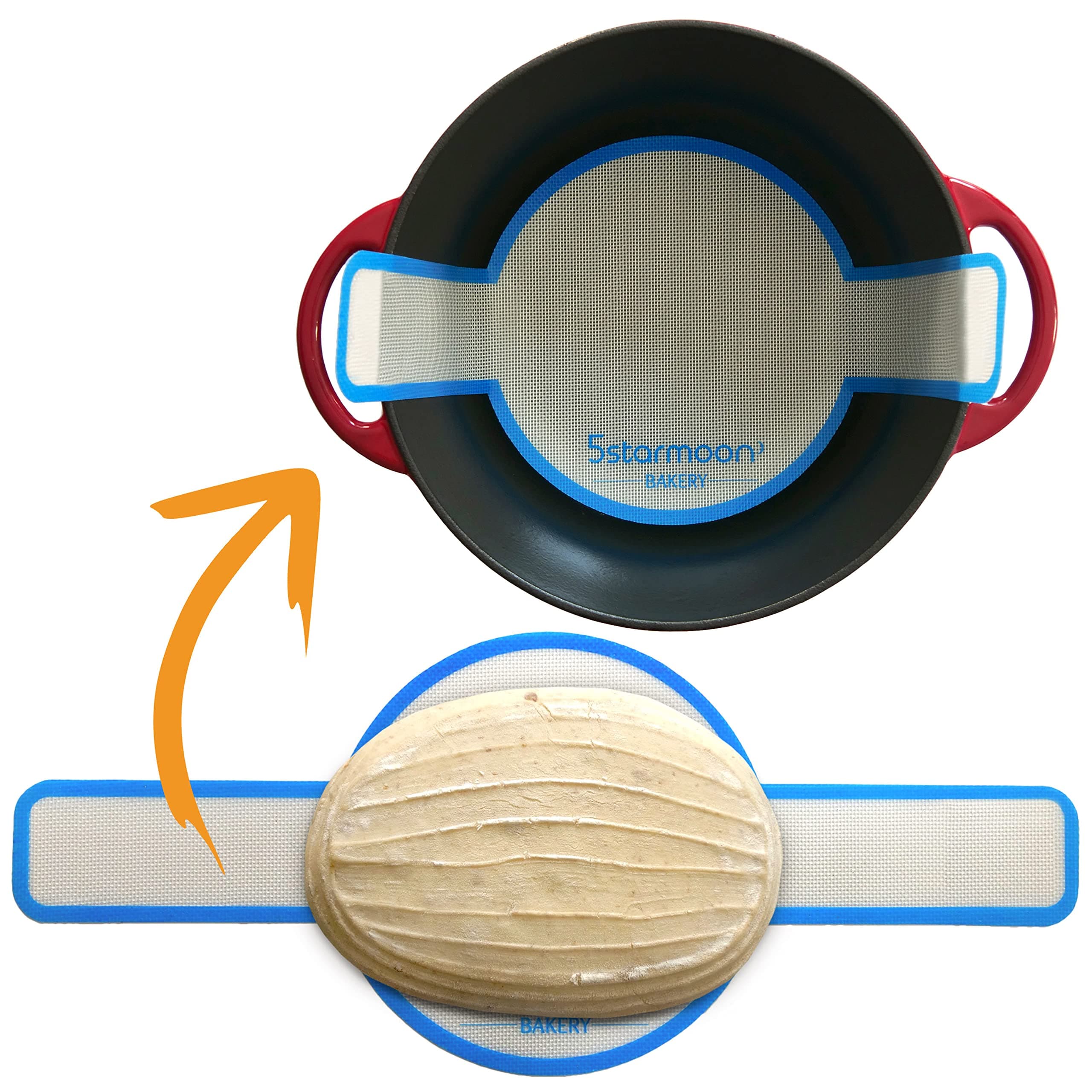 1 Silicone Bread Sling Dutch Oven Liner - Extra Thick Non-Stick Reusable Silicone Sourdough Bread Baking Mat with Long Handles, Sourdough Bread Baking Supplies for Easy Dough Transfer (Trim Blue)