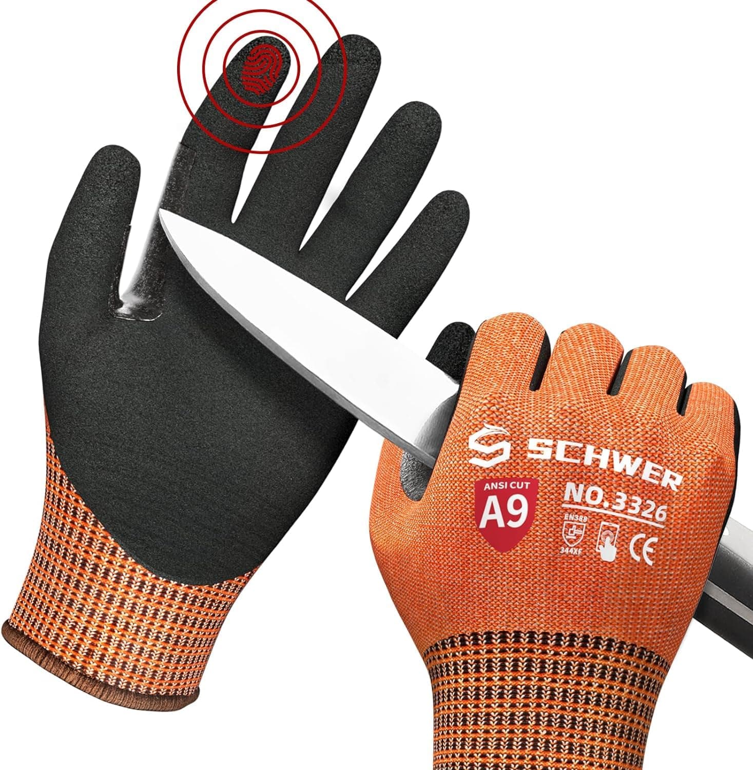 Schwer ProGuard Highest Level Cut Resistant Work Gloves PR3326 for Extreme Protection,ANSI A9 Cut Gloves with Reinforced Thumb, Non Slip, Breathable, Durable, Touch-screen, PFAS Free, Orange 1 Pair(S)
