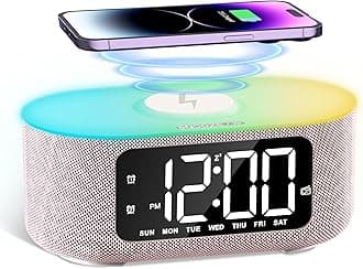 Fabric Alarm Clock for Bedroom, with Big Led Screen Display, Bluetooth Stereo Sound Speaker, FM Radio, Fast Wireless Charging, USB Charging Port, Nightlight, White Noise, Ideal for Gift, Pink