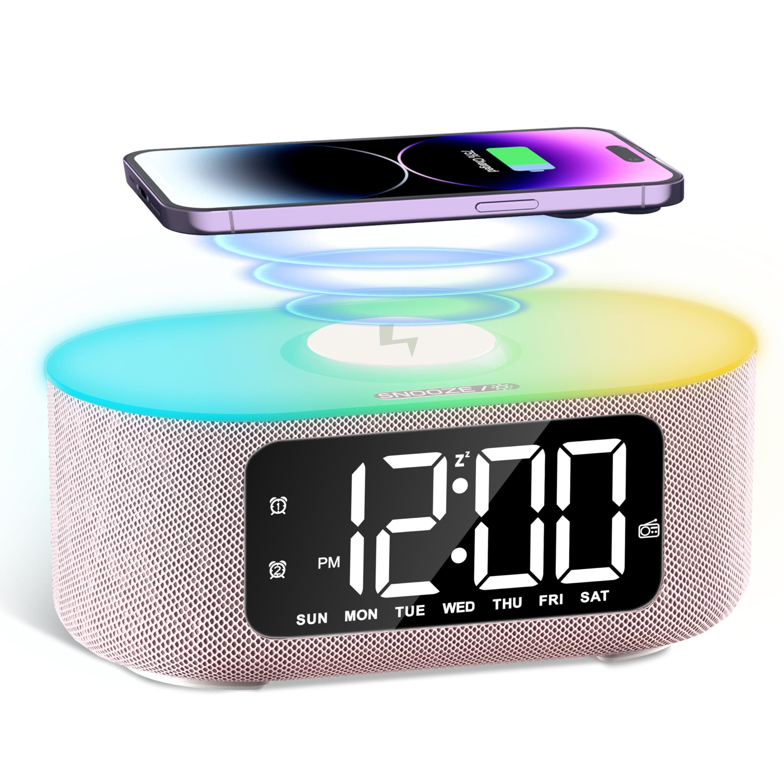 Fabric Alarm Clock for Bedroom, with Big Led Screen Display, Bluetooth Stereo Sound Speaker, FM Radio, Fast Wireless Charging, USB Charging Port, Nightlight, White Noise, Ideal for Gift, Pink