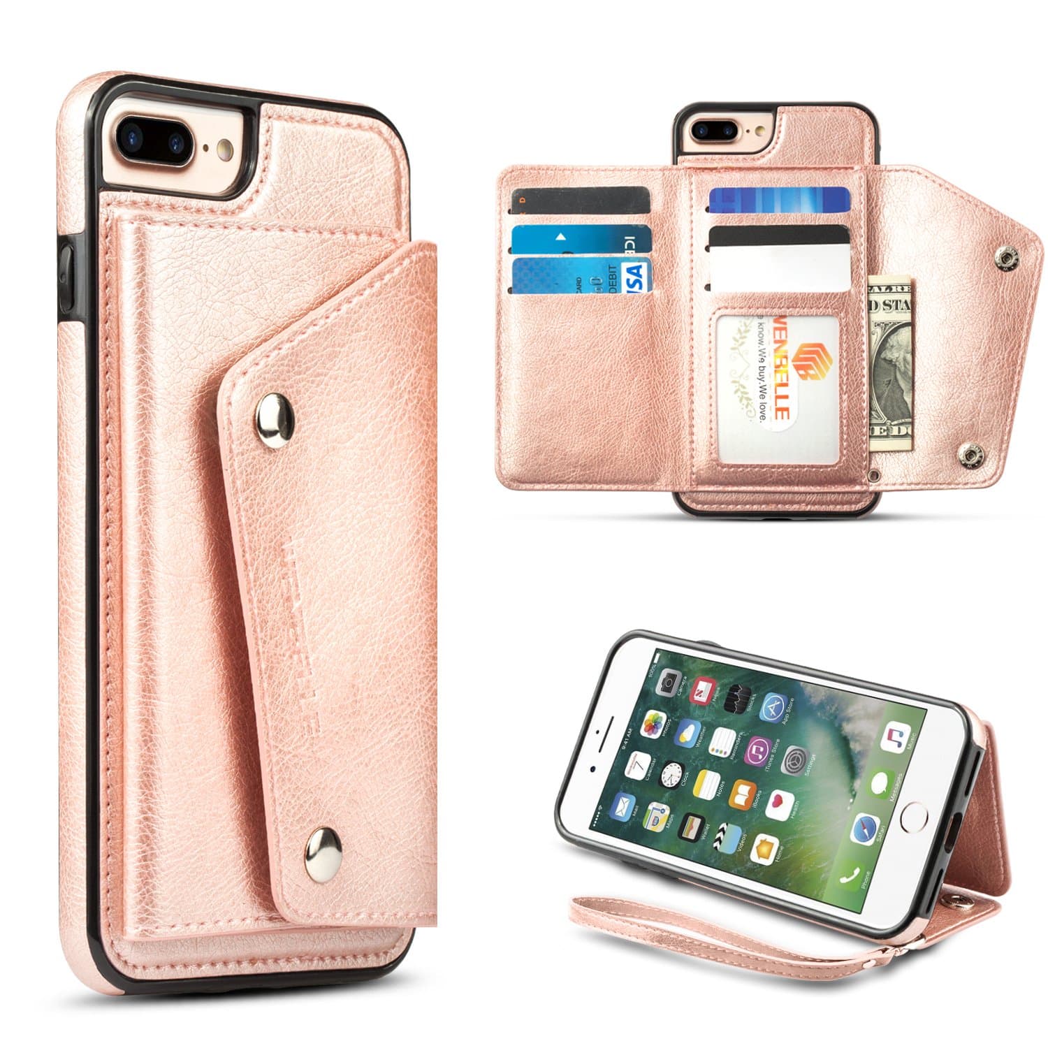 WenBelle for iPhone 8 Plus，iPhone 7 Plus Wallet Case, Leather Case with Credit Card Holder Slot & lanyar，Double Magnetic Clasp and Durable Case for Apple iPhone 7 Plus/8 Plus 5.5 inch (Rose Gold)
