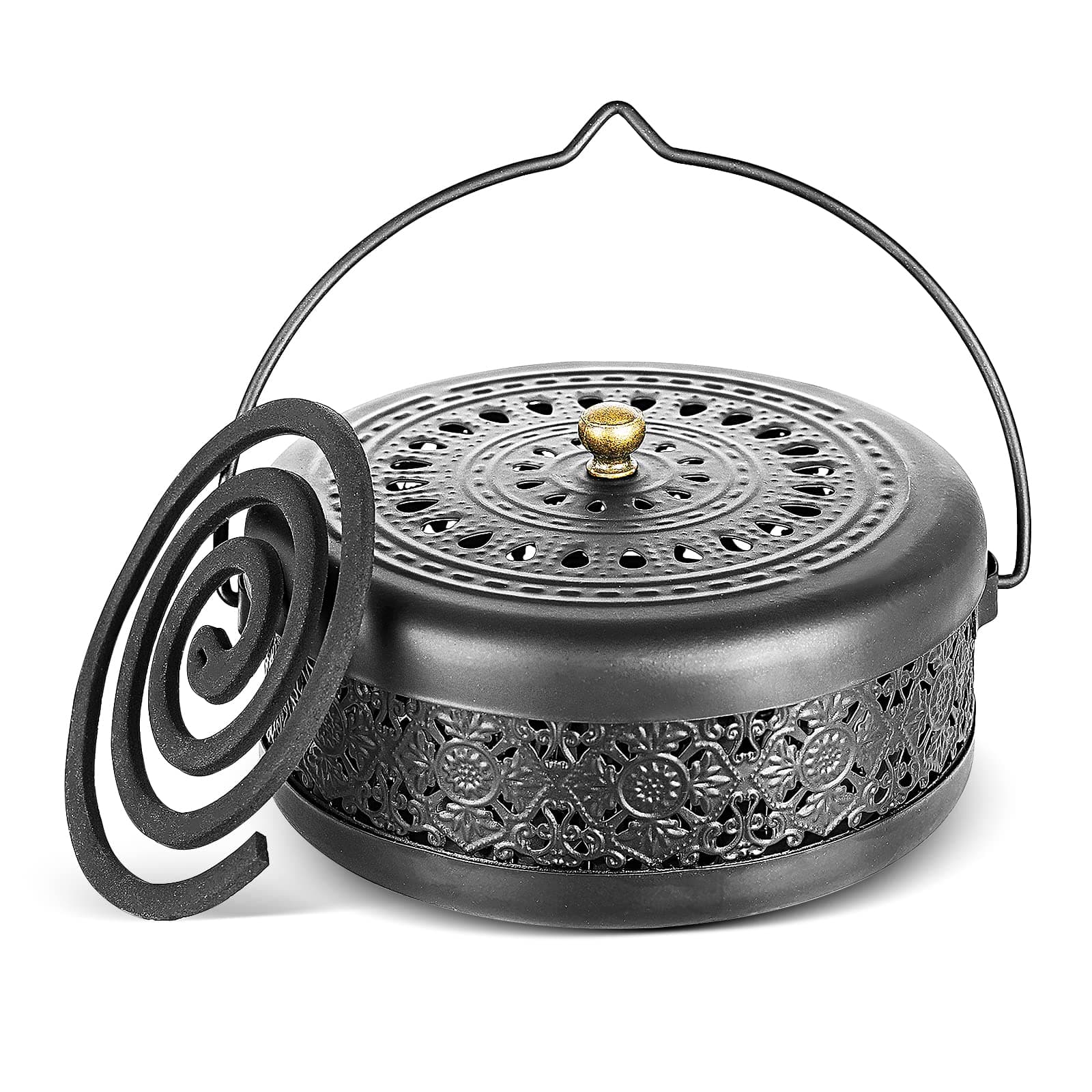 Classical Design Mosquito Coil Holder with Handle Round Iron Mosquito Incense Burner for Home (Black)