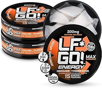 LF*GO! Energy Pouches | Caffeine Pouches | 6 Essential Vitamins and Minerals | Orange Tangerine | 200 mg Natural Caffeine | 0 Calories | 0 Sugar | 15 Pouches Per Can | 3 Cans