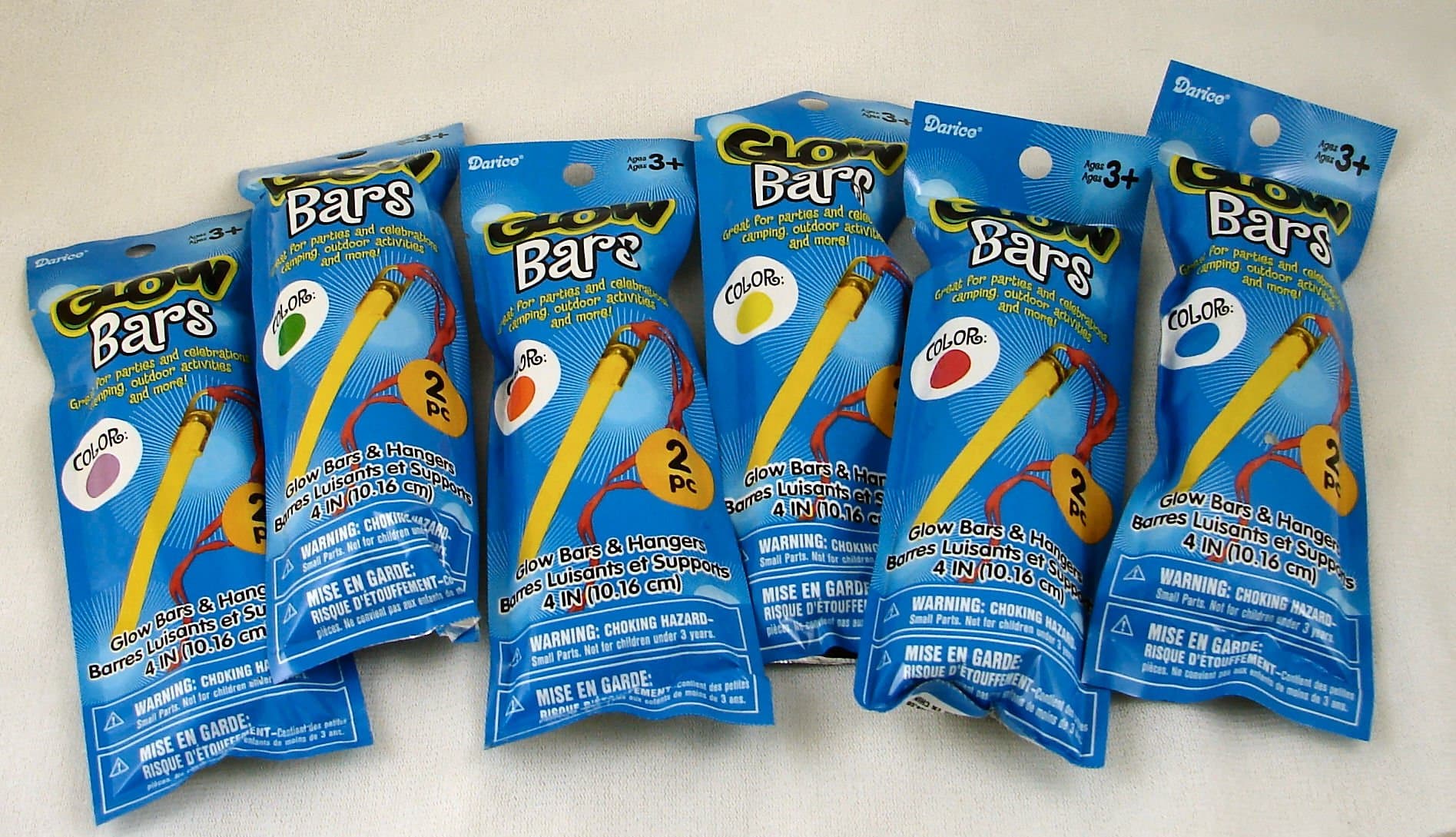 Glow Bars and Hangers, 2 pieces per package, 6 packages, 4in long, Orange, Yellow, Red, Blue, Green, Purple