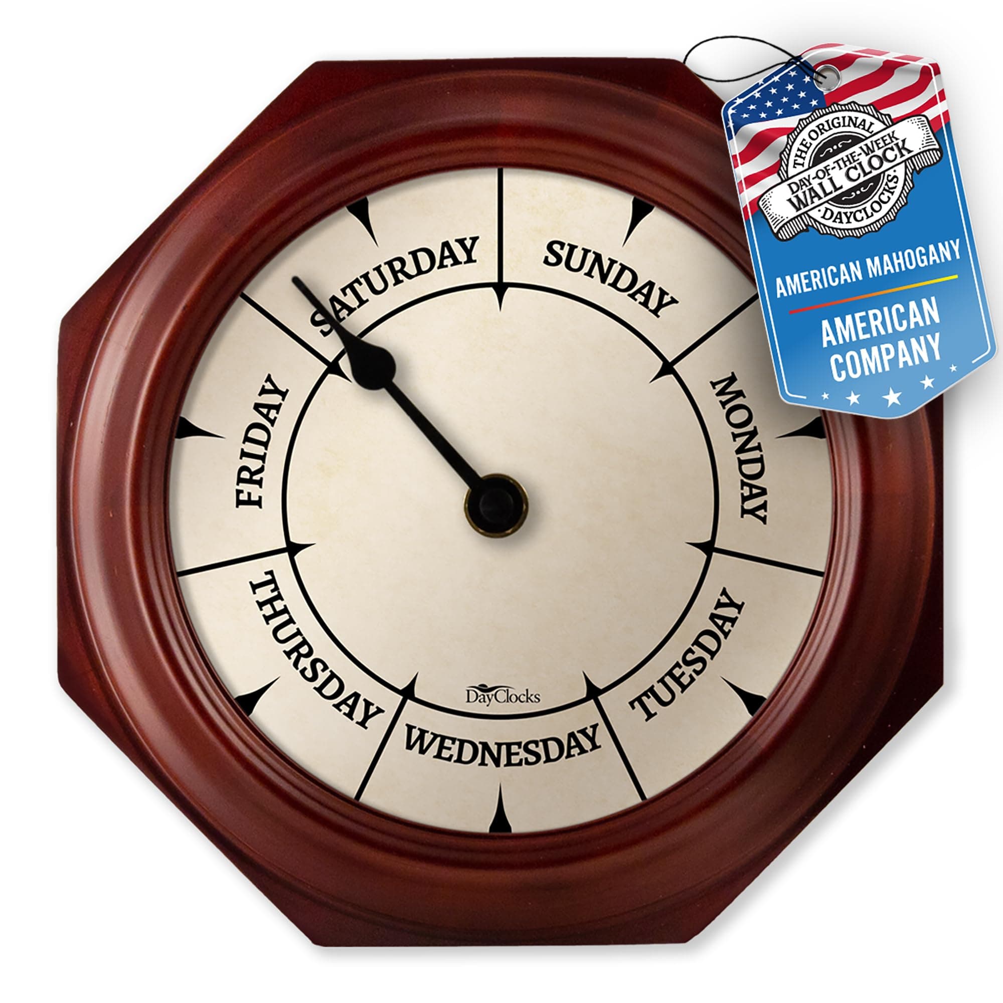 Classic Day of The Week Wall Clock - 10" Solid Mahogany Wood Frame, Ideal Retirement Gift for Men and Women, Day Clock for Seniors and Retirees