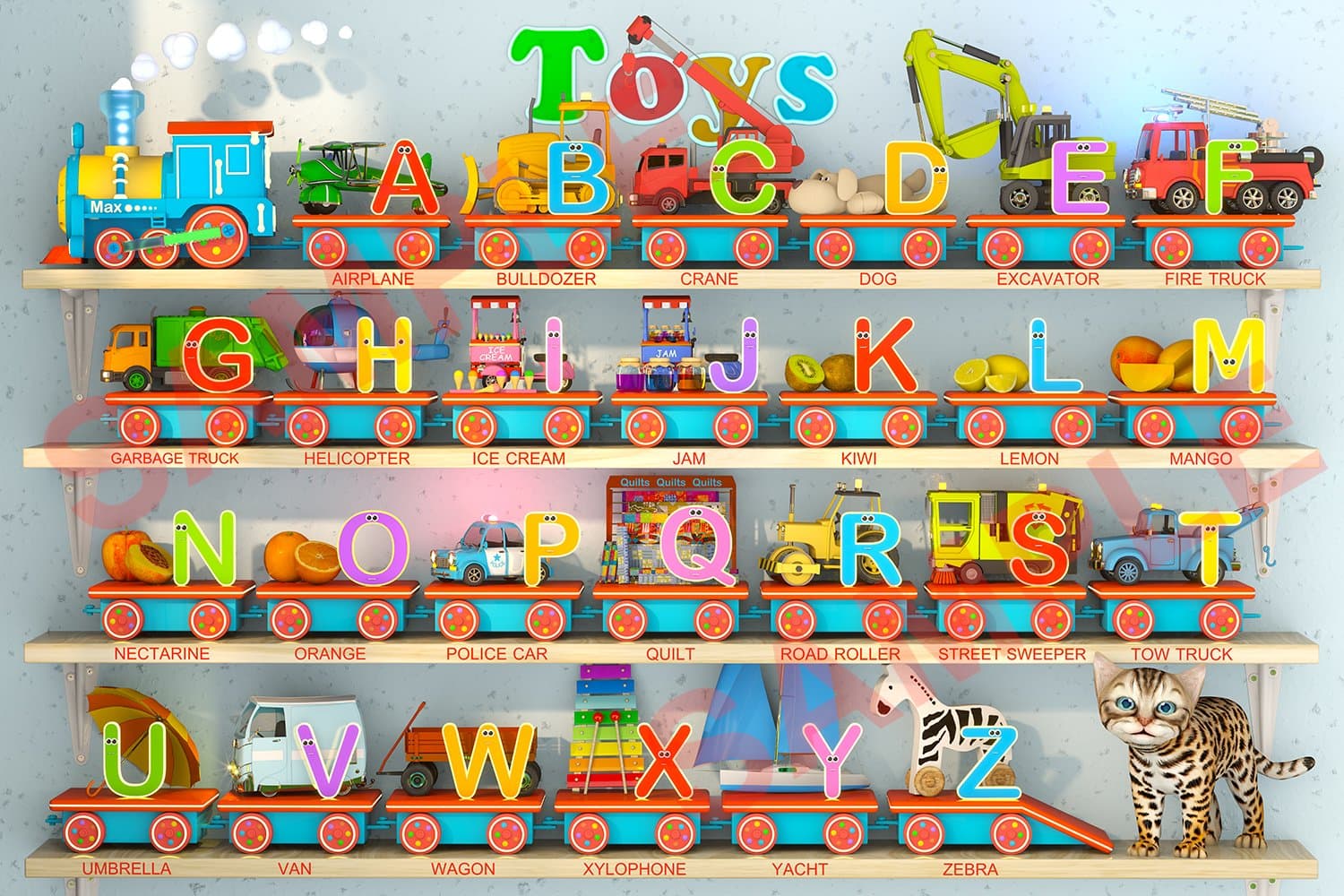 Learn Letters with Max The Glow Train Poster, 36x24, Letters and Objects!