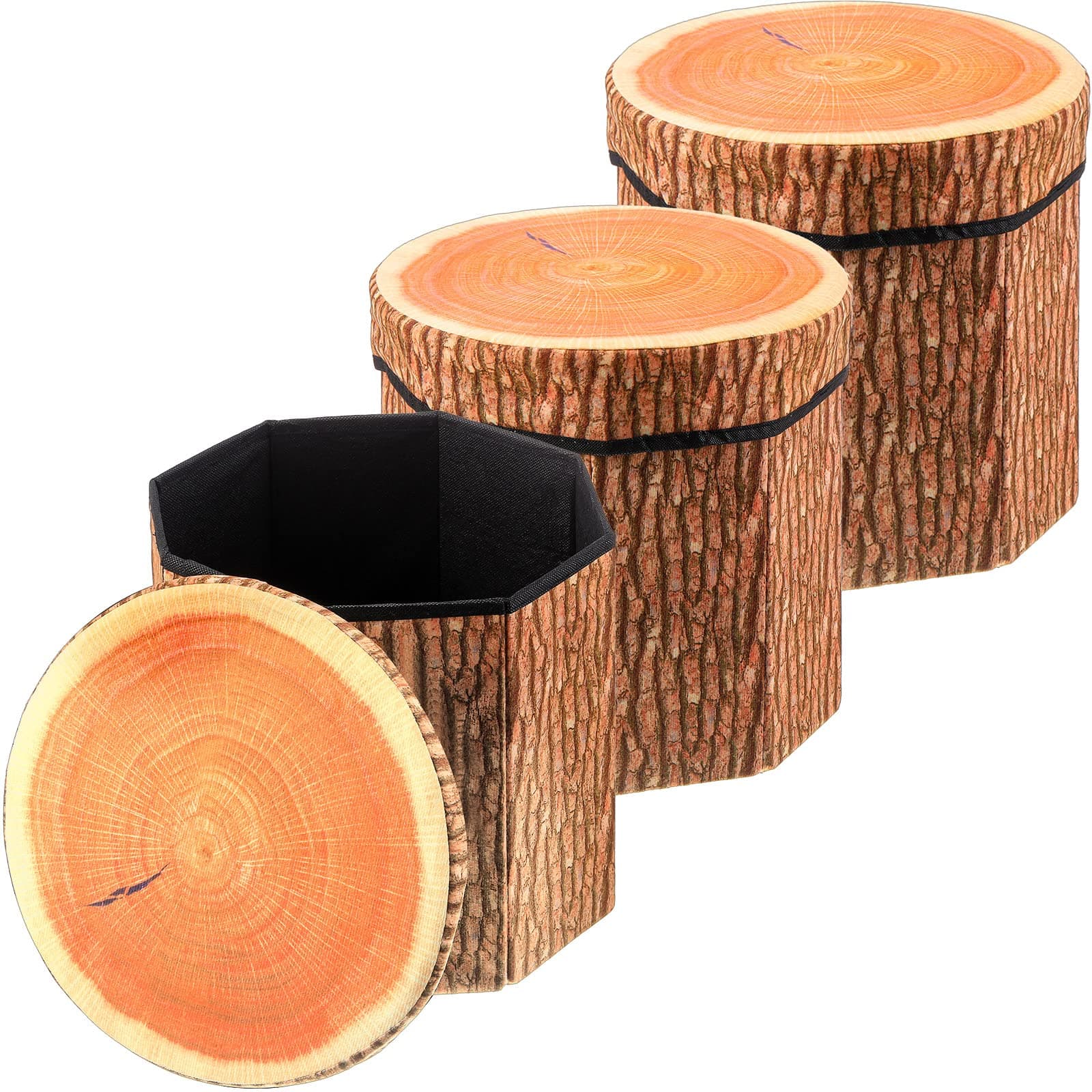 Amylove 3 Pack Tree Stump Storage Stool 12 x 12 Inch Stool Ottoman, Cute Folding Storage Toy Box with Foam Cushion, Collapsible Seat Chest (Classic)