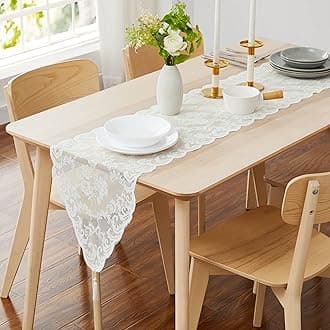 LINENZONE Ivory Table Runner with 2 Tassels for Rustic Vintage Decor. Lace Table Runner Works Great As Wedding Table Runner, Thanksgiving Table Runner, Christmas Table Runner (Mia 14 x 120, Ivory)