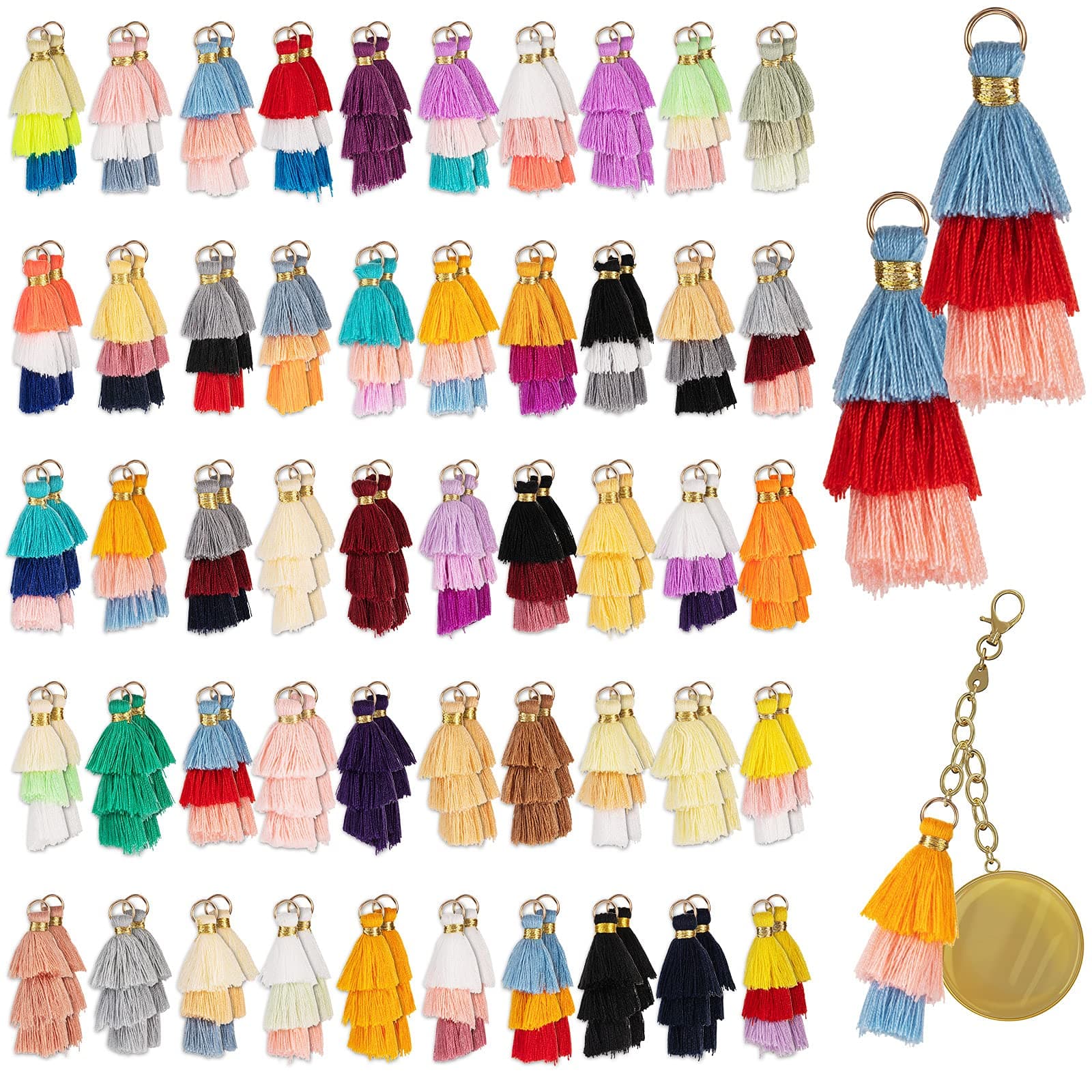 Dingion 100 Pcs Tiny Tri Layered Keychain Tassels 1.38 Inches Mini 3 Layers Tassel for Craft Jewelry Earring Making Bookmark(Classic Color)