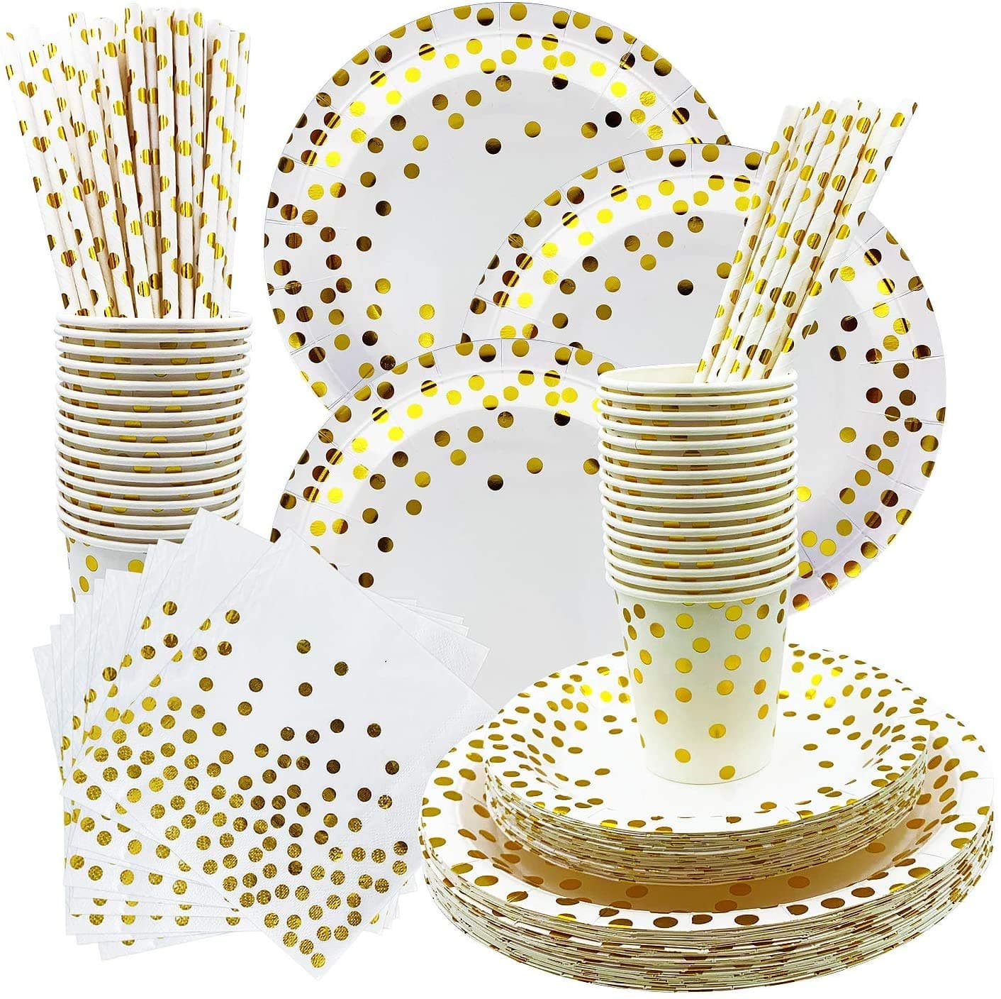 Rorchio White and Gold Party Supplies, Disposable Dinnerware Set include Paper Plates Napkins Cups Paper Straws for Birthday, Wedding, Bridal Shower(30 Guest)