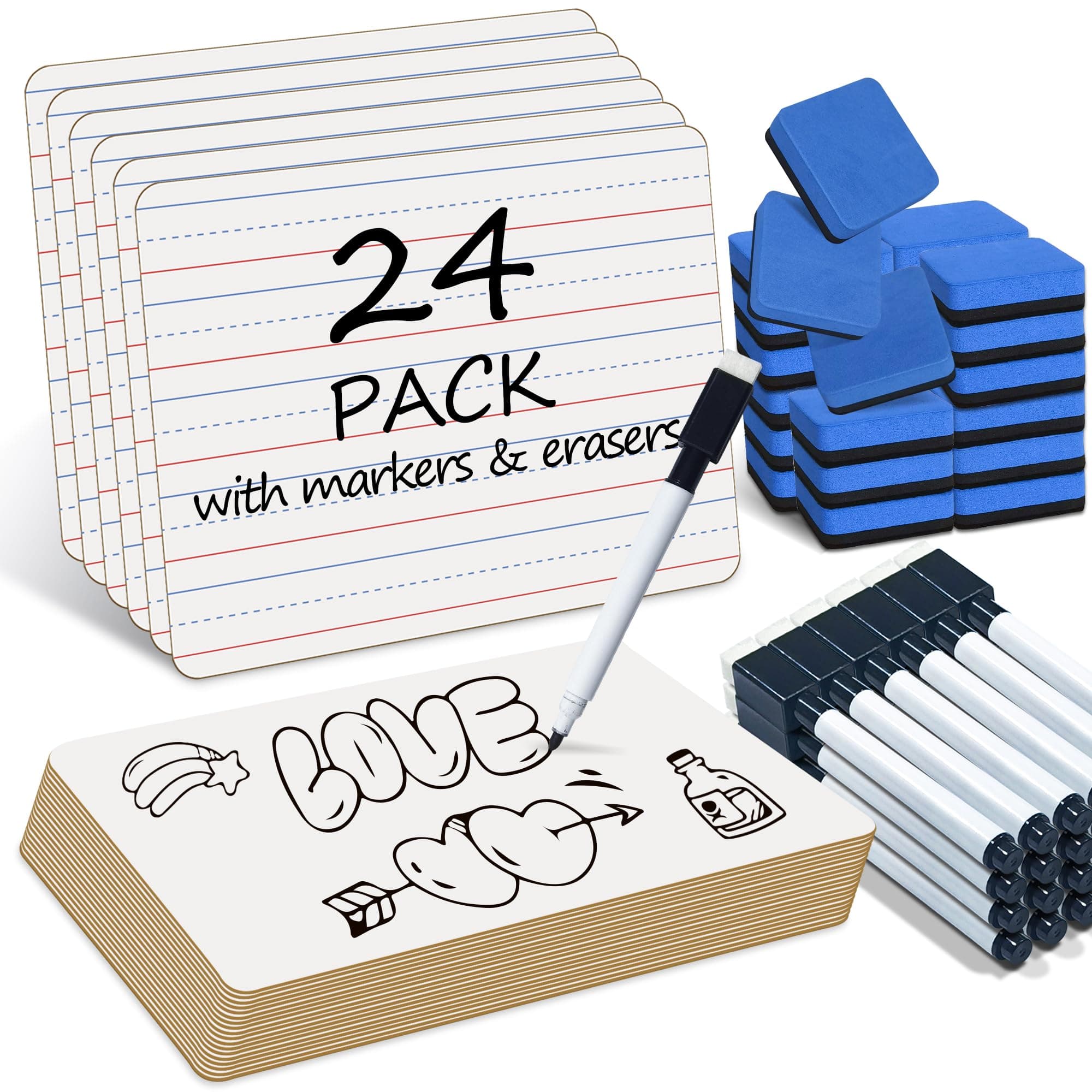 24 Pack Dry Erase Boards, 9"x12" Double Sided Easel Small Whiteboards with Lines for Kids, Students, Education Teacher Classroom, Mini Portable Learning White Boards with 24 Markers, 24 Erasers