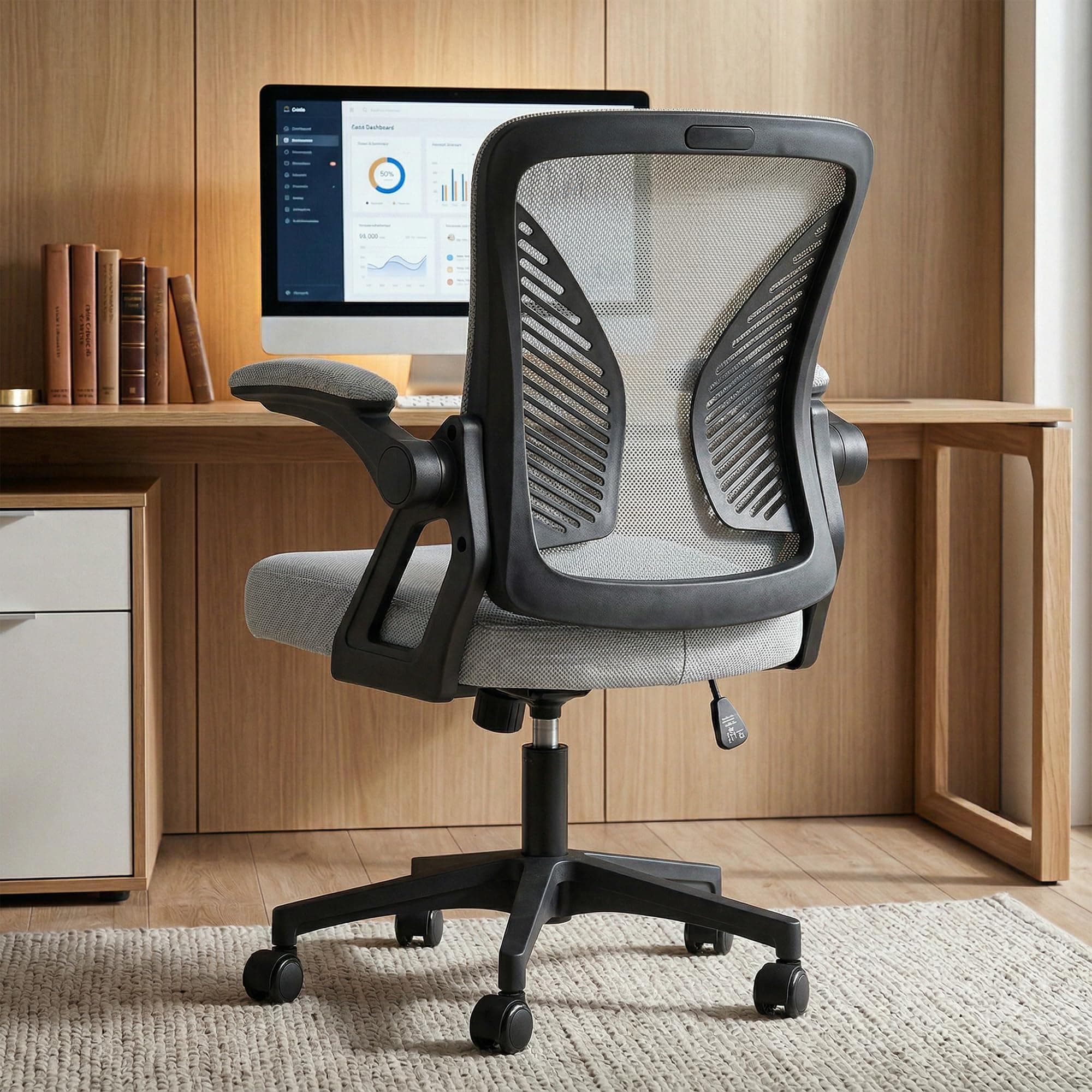 DROGO Premium Ergonomic Office Chair for Work from Home, High Back Computer Chair with Breathable Mesh, Flip Up Armrest, Adjustable Seat, Rocking & Winged Back | Mesh Chair for Office (Black/Grey)