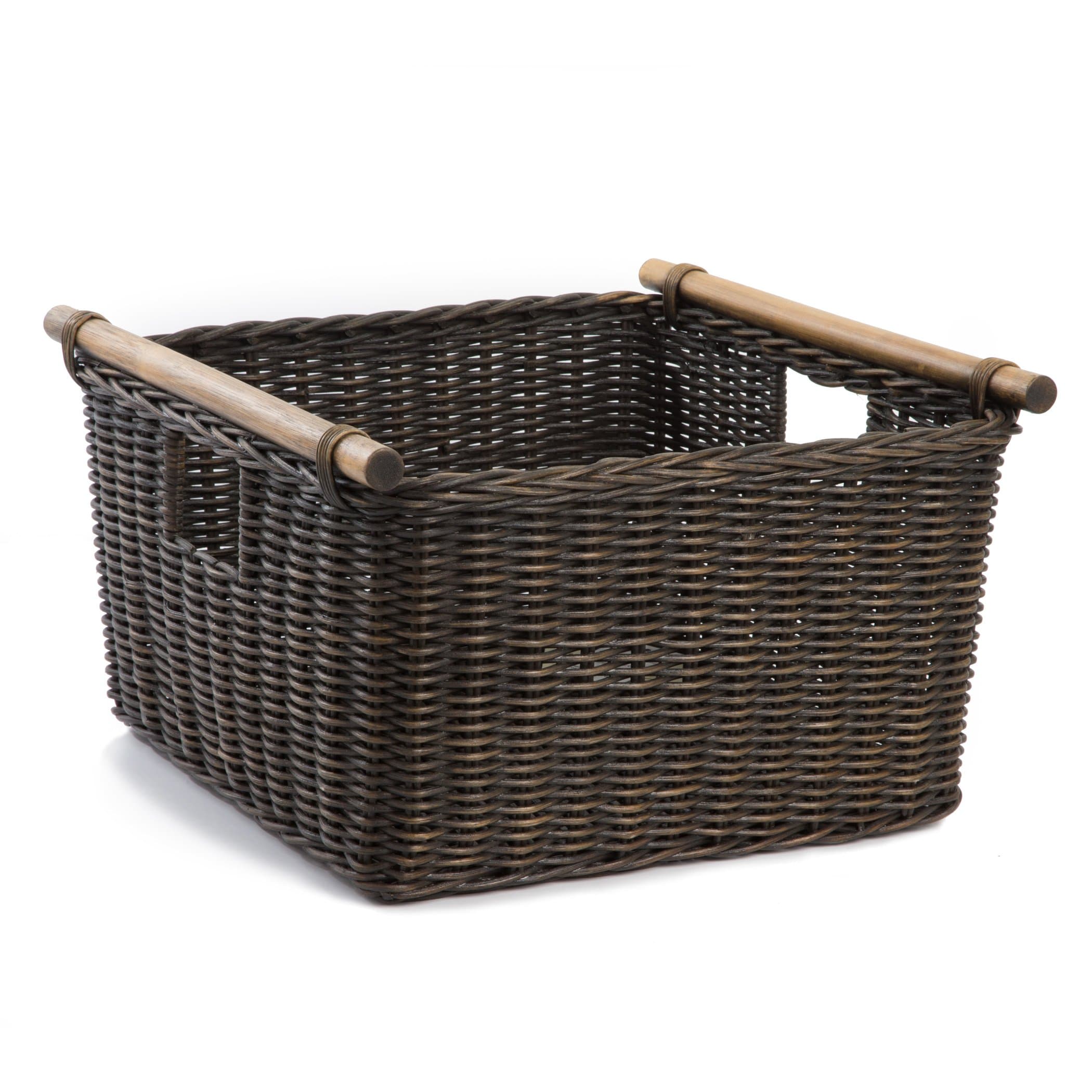 The Basket Lady Deep Pole Handle Wicker Storage Basket, Extra Large, 17.5 in L x 18 in W x 11.5 in H, Antique Walnut Brown