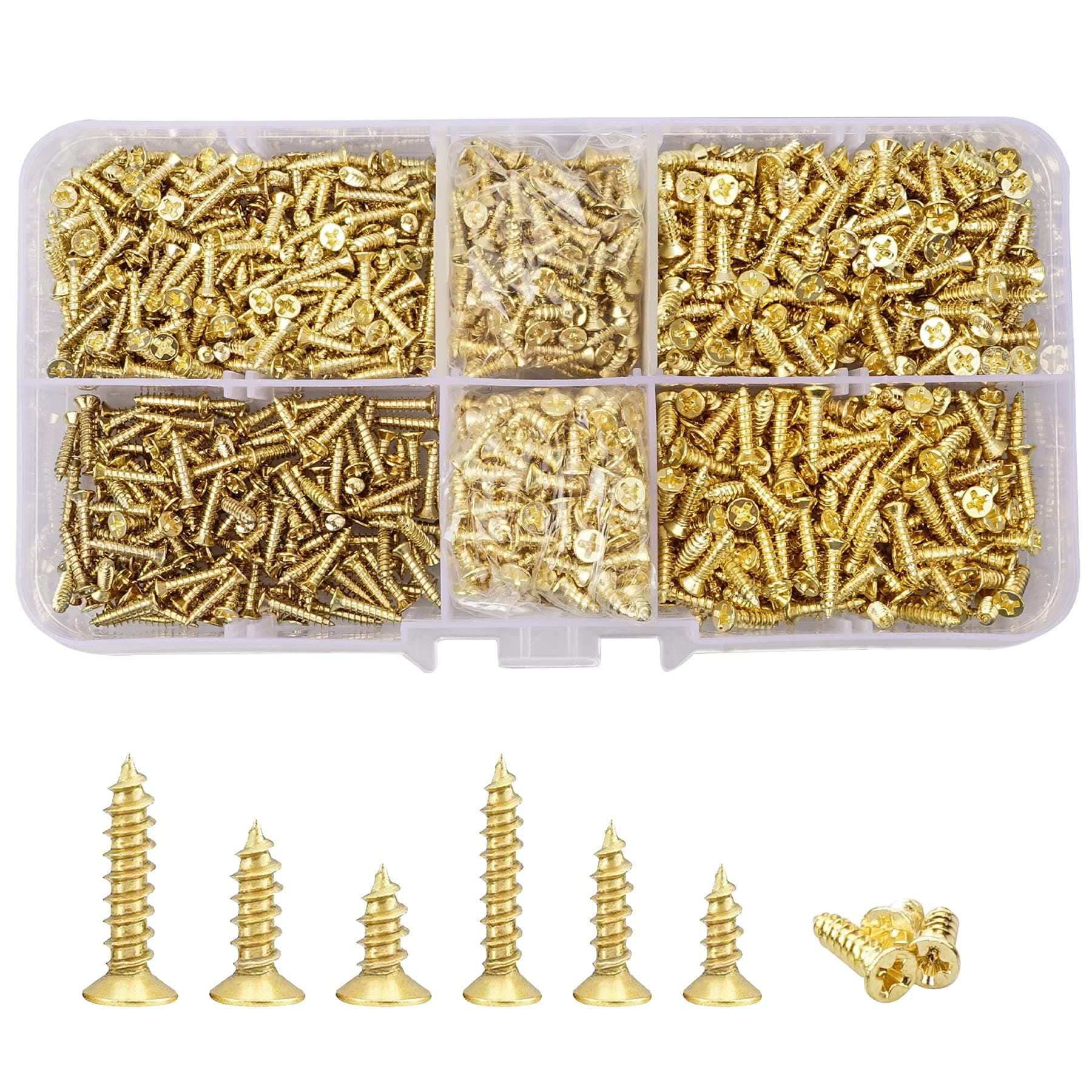 1200Pcs Small Screws M2 M2.5 Self Tapping Screw Assortment Kit Flat Head Cross Wood Screws Gold Micro Fasteners Screw Set (6mm/8mm/10mm)