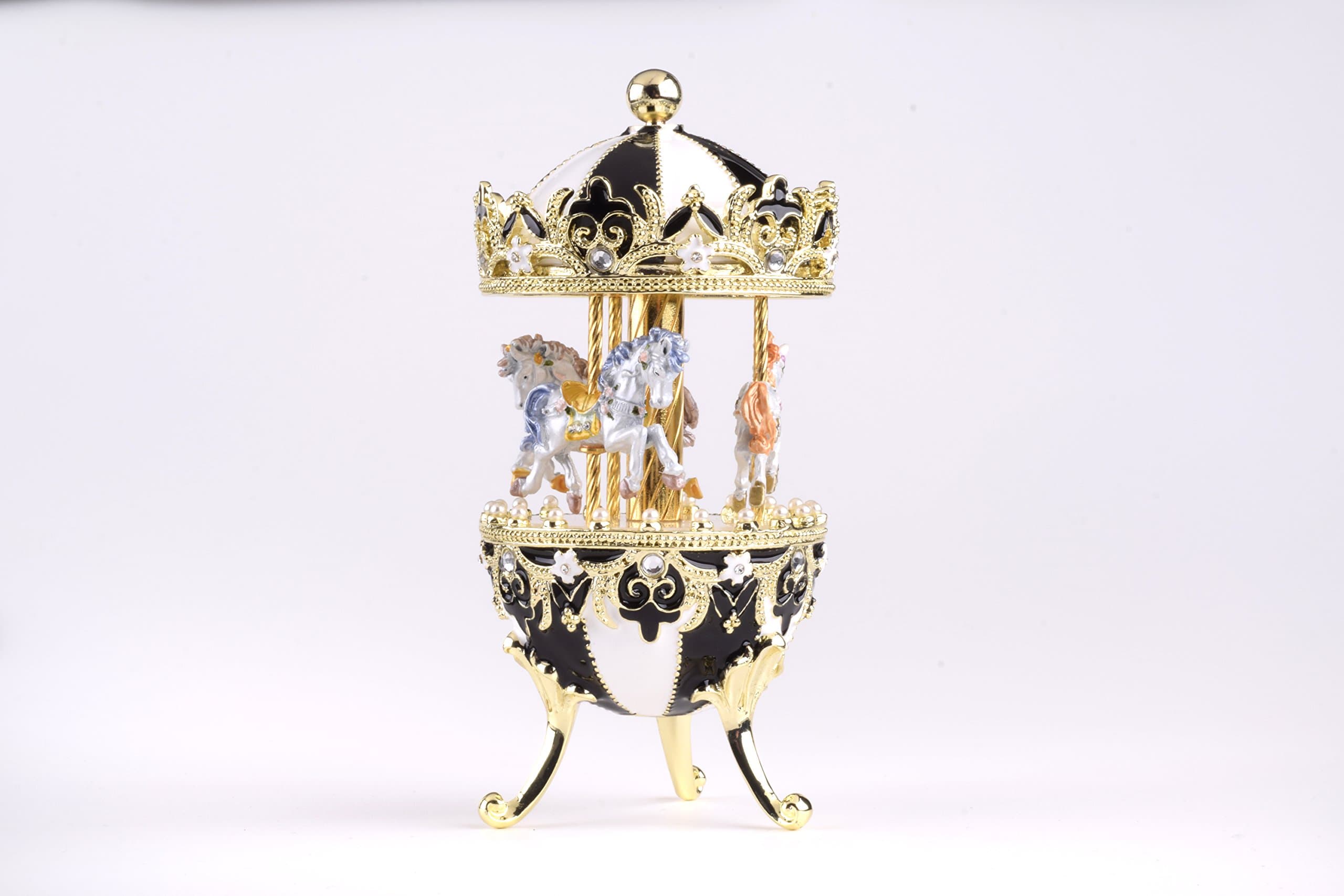 Keren Kopal E1347 Black Wind up Musical Carousel with White Royal Horses Music Box Faberge Style for Collectors