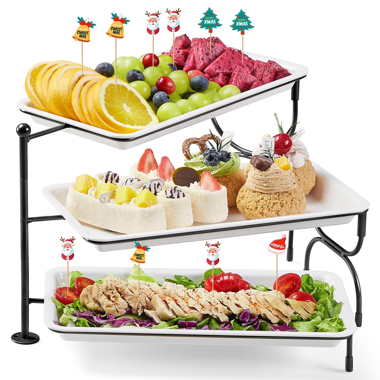Lifewit 3 Tier Serving Tray for Party Supplies, 12 x 6.5" Plastic Platters for Food, White Rotating Trays with Black Metal Display Stand for Buffets, Cake, Snack, Veggie, Fruit, Cookies, Dessert