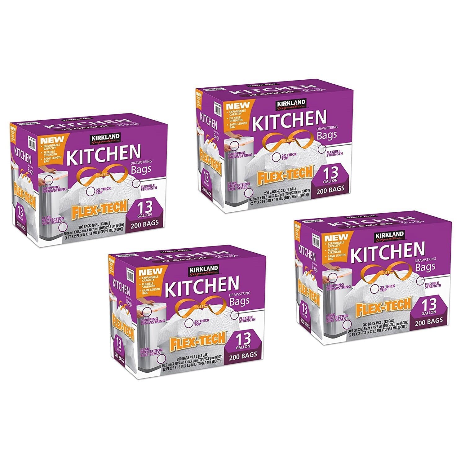 Signature Flex-Tech Drawstring Kitchen Trash Bags 13 Gallon 200 Bags, 4 of Such Pack