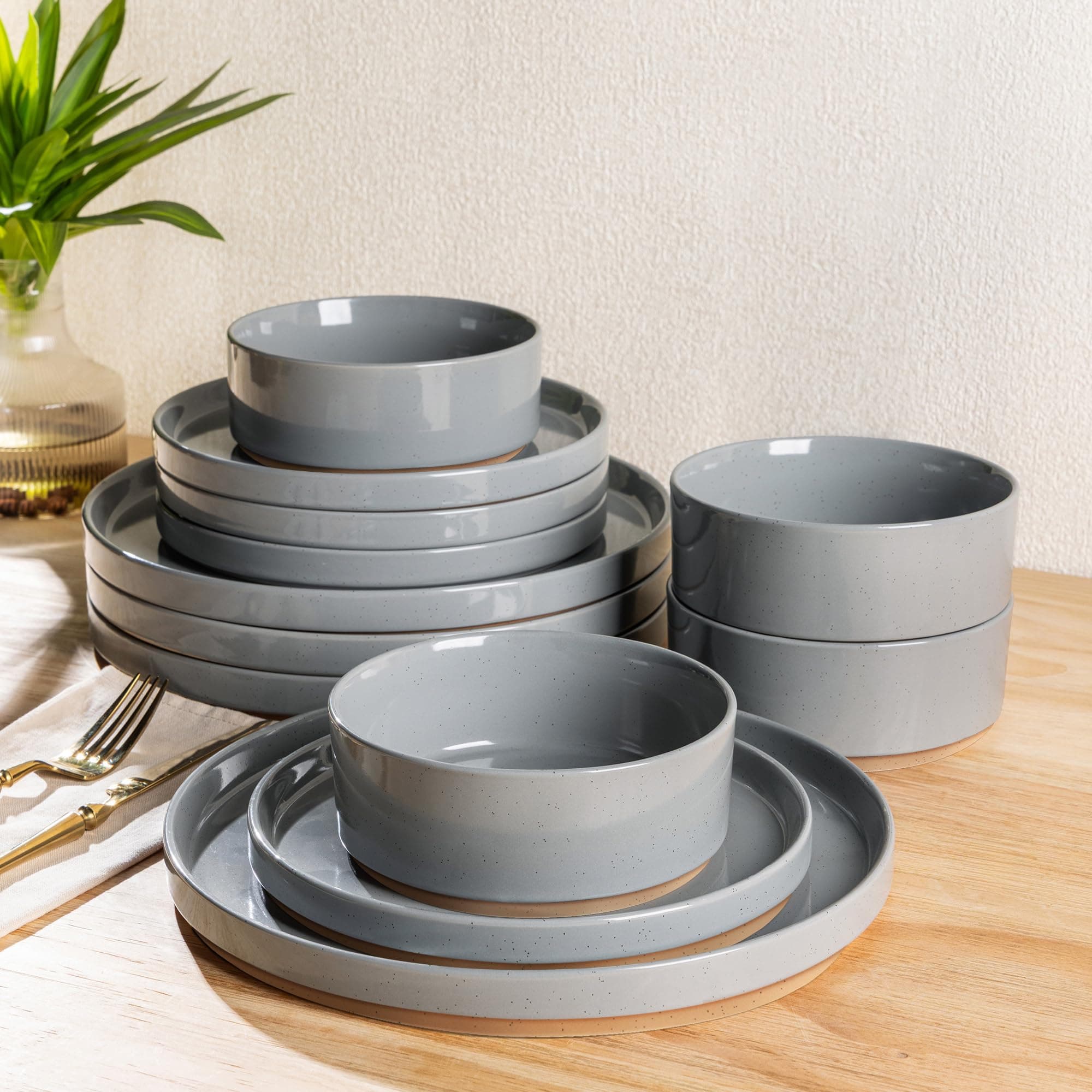AmorArc Ceramic Dinnerware Set for 6 | Speckled Stoneware Plates and Bowls with Rustic Terracotta Underside| Scratch Resistant,Dishwasher & Microwave Safe Dishes Sets- 18pcs Gray