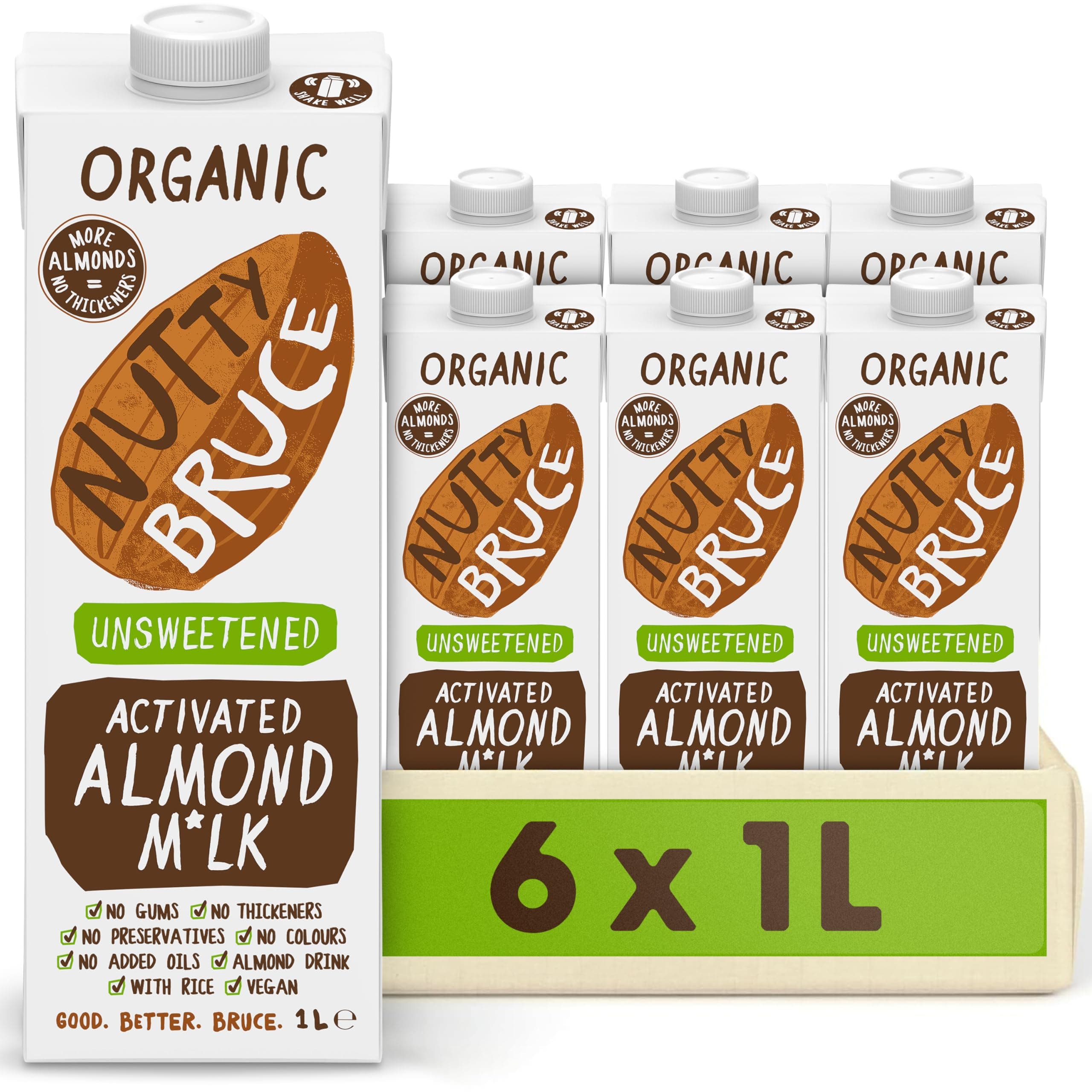 Nutty Bruce - Unsweetened Activated Almond Milk - Certified Organic & Vegan Alternative Milk, No Preservatives, Colours or Added Oils, Lactose Free, Dairy Free, Soy Free - 6 pack x 1L