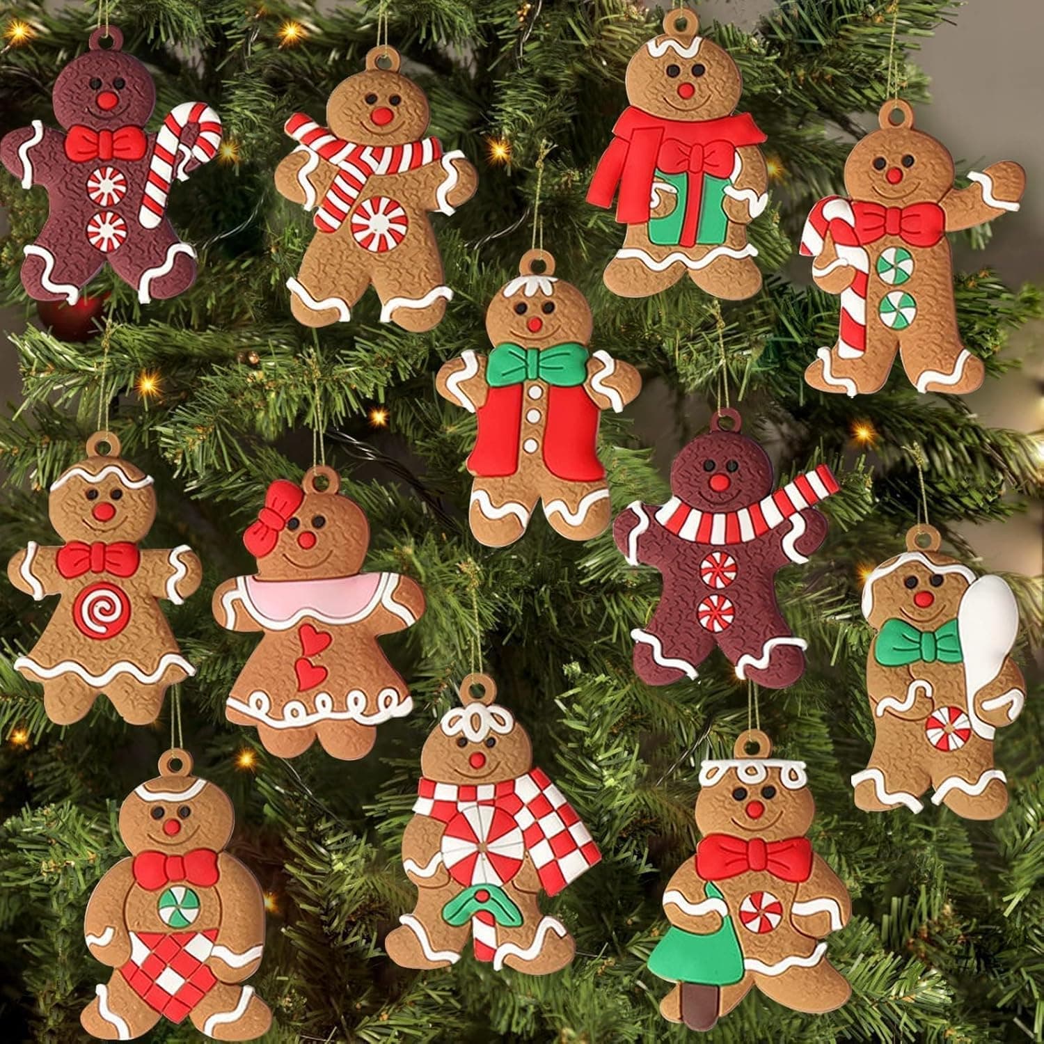 kockuu 12pcs Gingerbread Man Ornaments for Christmas Tree Assorted Plastic Gingerbread Figurines Ornaments for Christmas Tree Hanging Decorations 3 Inch Tall