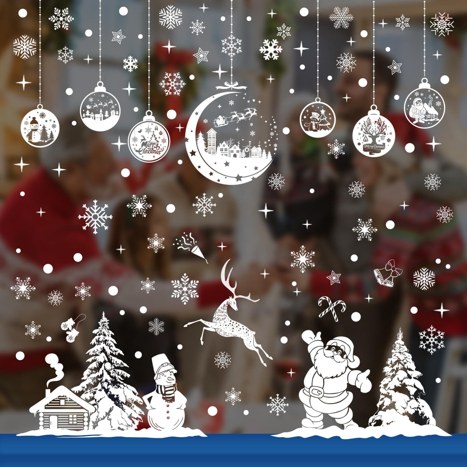 HOWAF 200+ Christmas Window Clings Stickers, 9 Sheets Snowflake Static Xmas Window Decals for Winter Frozen Christmas Party Decorations, Santa Claus Reindeer Decals for Holiday Party Supplies