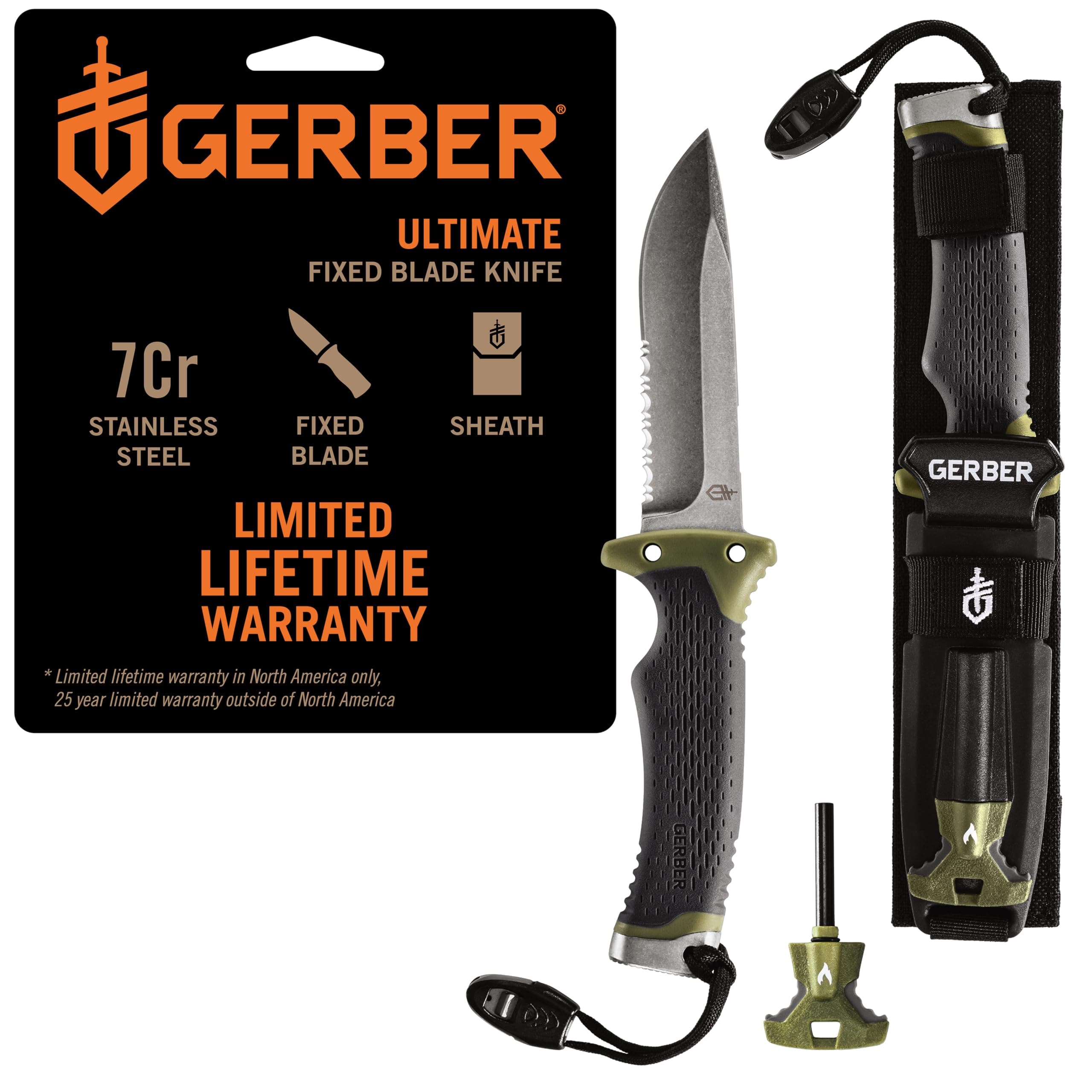Gear Ultimate Survival Knife, Fixed Blade Knife with Combo Edge, includes Fire Starter Edge and Ferro Rod, Whistle, Sheath with Integrated Sharpener - Bushcraft, Hunting and Camping Tool