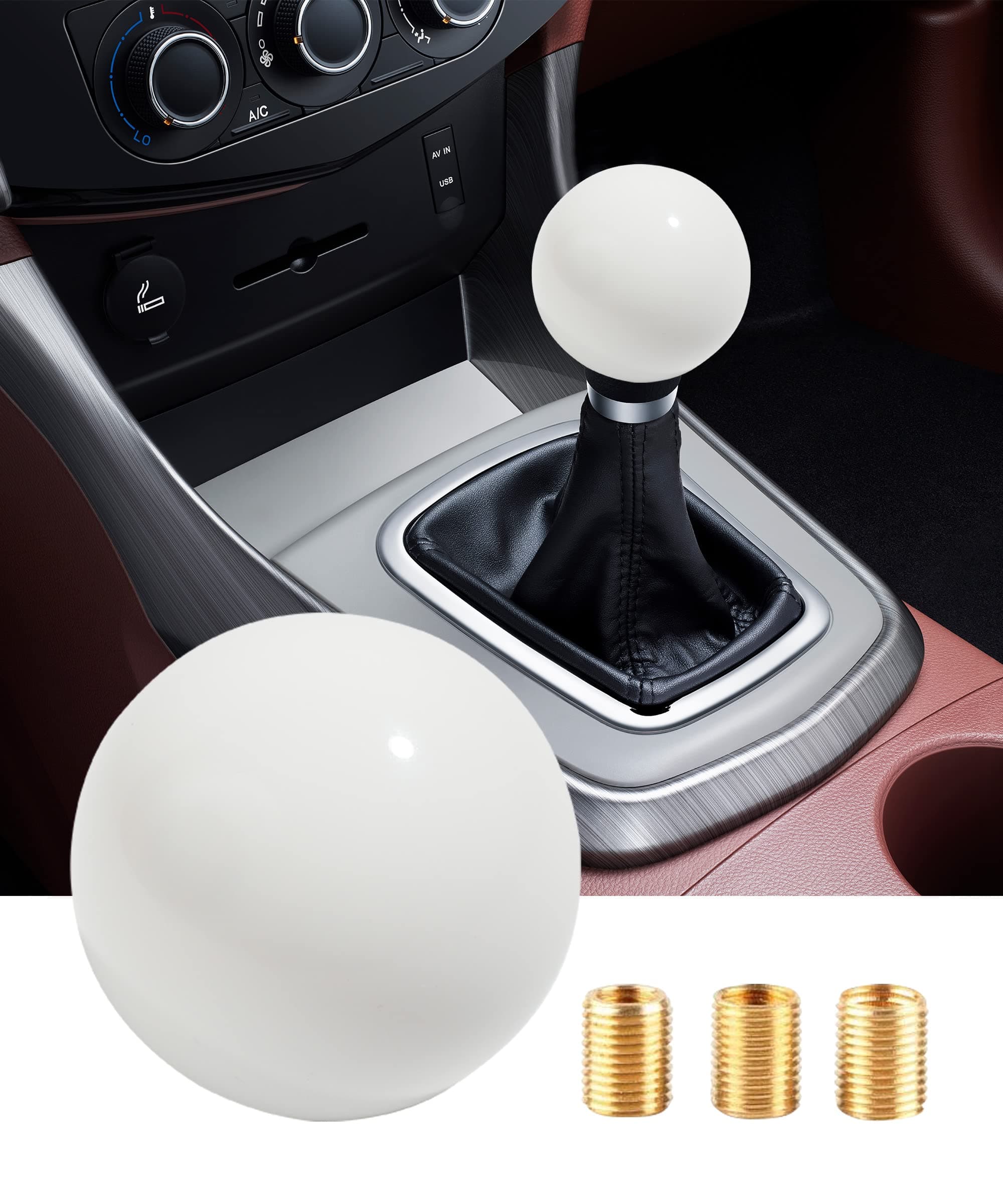 Shift Knob Manual Gear,Round Shift Knob Acrylic Gear Shift Knob,4 5 6 Speed Universal Shifter Knob with 3 Adapters,Fit for Manual Car M 8 * 1.25, M 10 * 1.25, M 10 * 1.5, M 12 * 1.25 (White)
