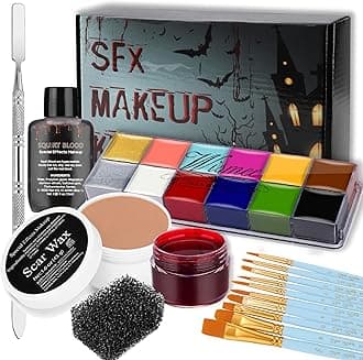 Wismee SFX Makeup Kit Professional Face Body Paint Halloween Special Effects Makeup Set with Scar Wax,10 Face Paint Brushes,Spatula Tool,2 Fake Scab Blood,Stipple Sponge Oil Based Face Painting Kit