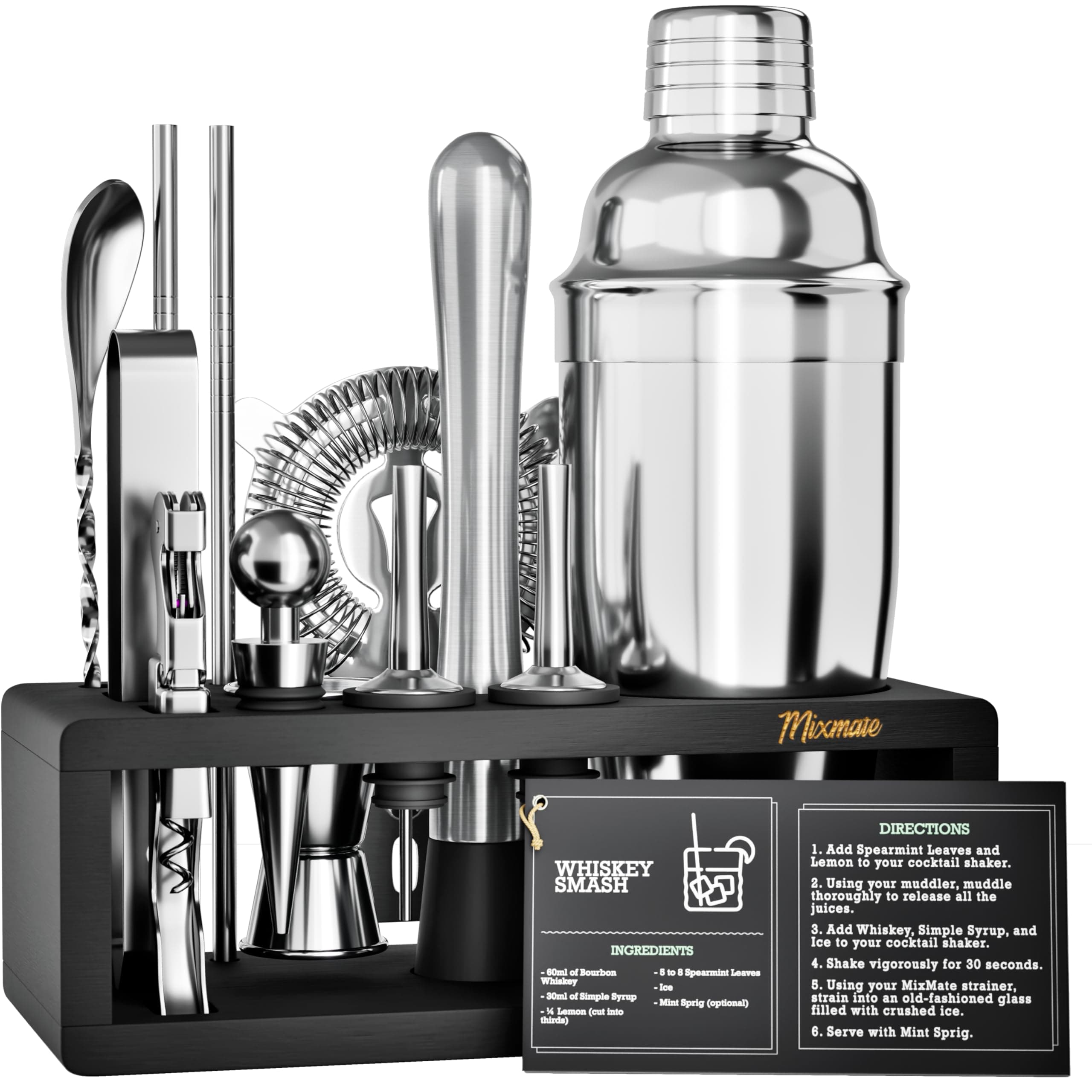 Mixology Bartender Kit with Stand - 15 Piece Bar Tool Set, Silver Bar Set Cocktail Shaker Set for Drink Mixing - Includes Martini Shaker, Jigger, Strainer, Bar Mixer Spoon, Tongs, Opener | Gift Idea