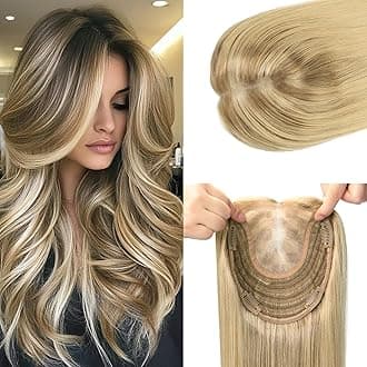 Hair Toppers for Women Real Human Hair 150 Density 6x7 inch Base 16 inch 75 grams Golden Brown with Caramel Blonde Human HairTopper for Women with ThinningHair Cover Gray Roots（#102727 16inch）