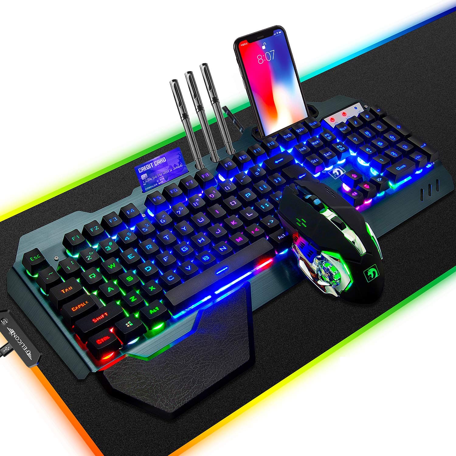 Gaming Keyboard and Mouse Combo with Large RGB Mouse Pad, Wired Backlit Keyboard with Magnetic Wrist Rest, Aluminum Alloy Panel, Phone Holder, 3200 DPI Mouse for PC Office Gaming