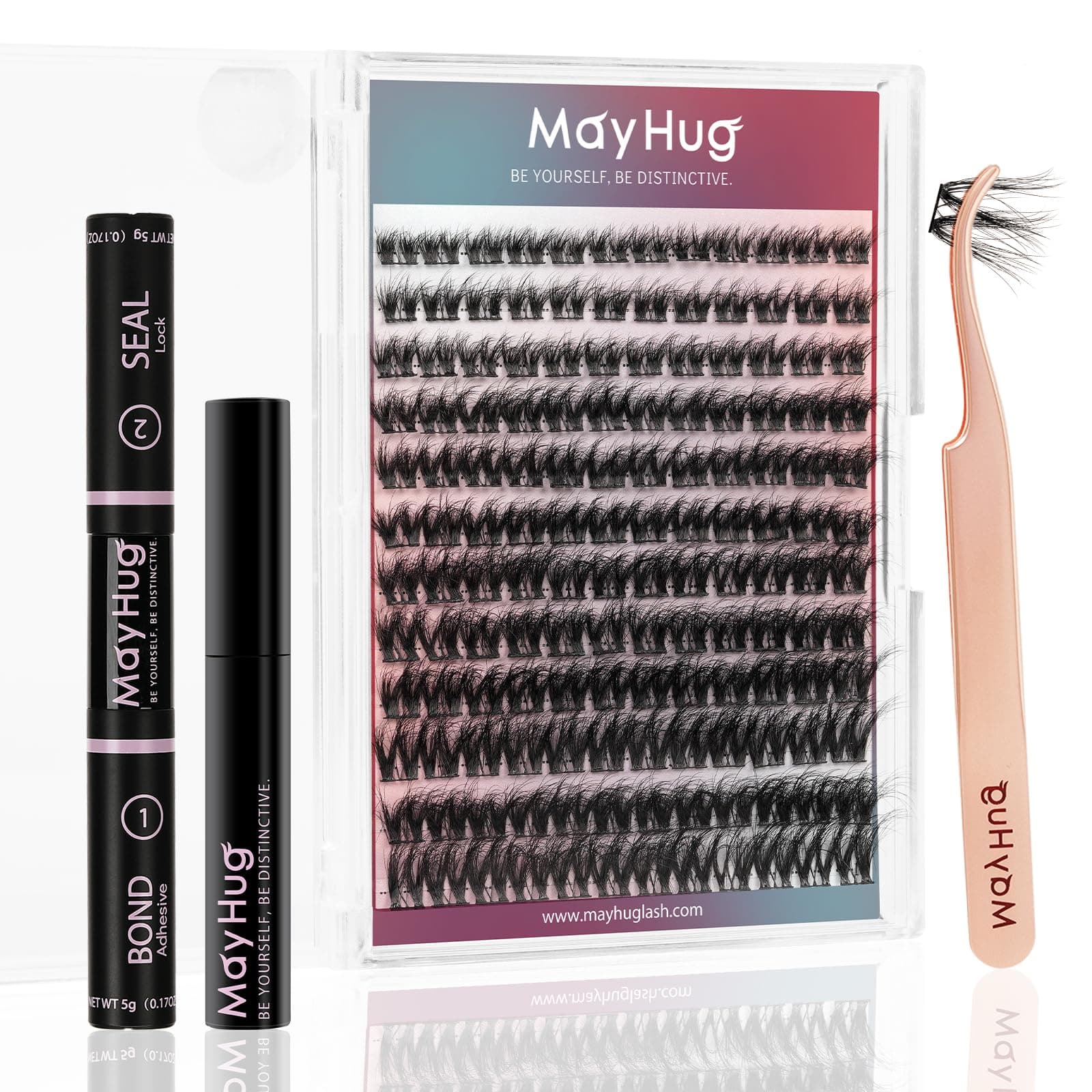 Mayhug Lash Extension Kit 144 Pcs, 3D Lash Clusters 8-18/D Curl Wispy Lash Clusters with 10ml Bond and Seal Waterproof, 5ml Lash Remover, Lash Tweezers Eyelash Extensions Kit at Home (Prism Kit)