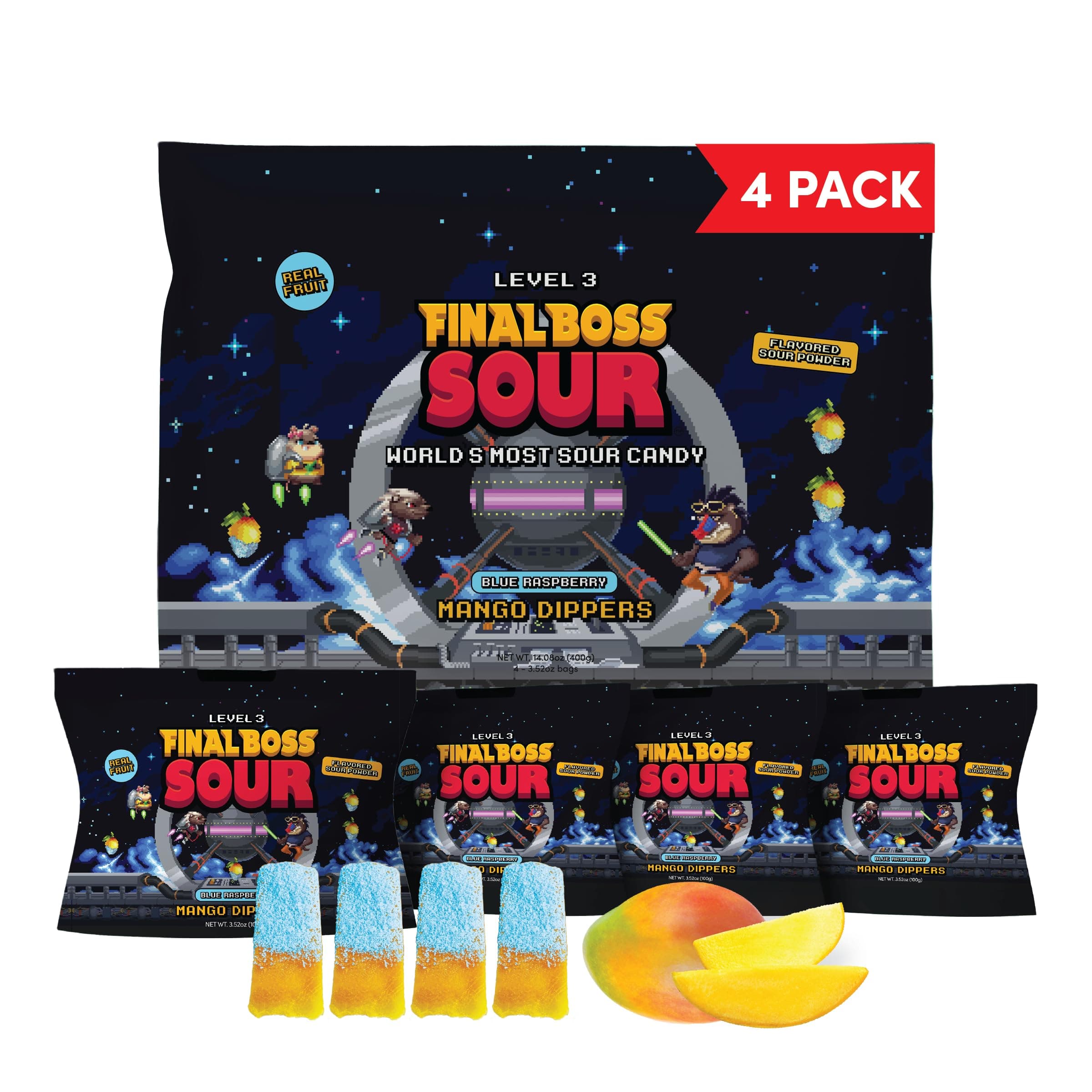 Final Boss Sour Fun Dip, Blue Raspberry, 4 Pack, Level 3, Extreme Super Sour Powder with Real Candy Tasting Dried Mangoes, All Natural 80s & 90s Sour Candy for Kids, Teens & Adults