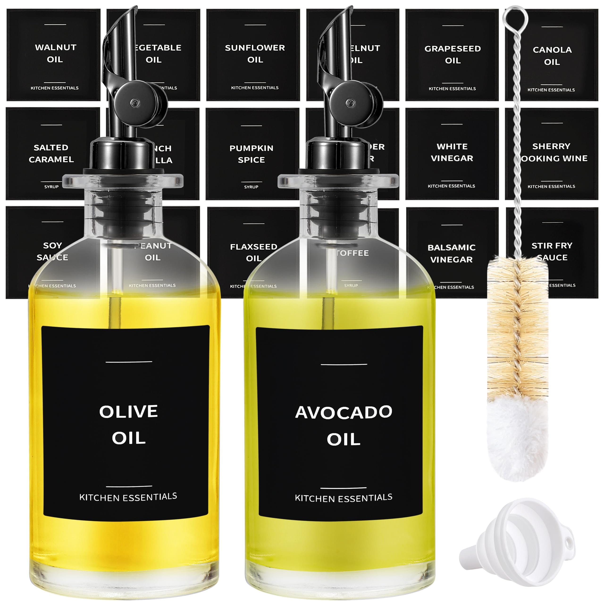 Olive Oil Dispenser Bottle - Includes 55 Kitchen Essential Labels - Cooking Oil Bottles for Kitchen, Coffee Syrup Dispenser - Pourer Spout with 11.8 fl oz Glass Container Cruet - 2pcs, Black