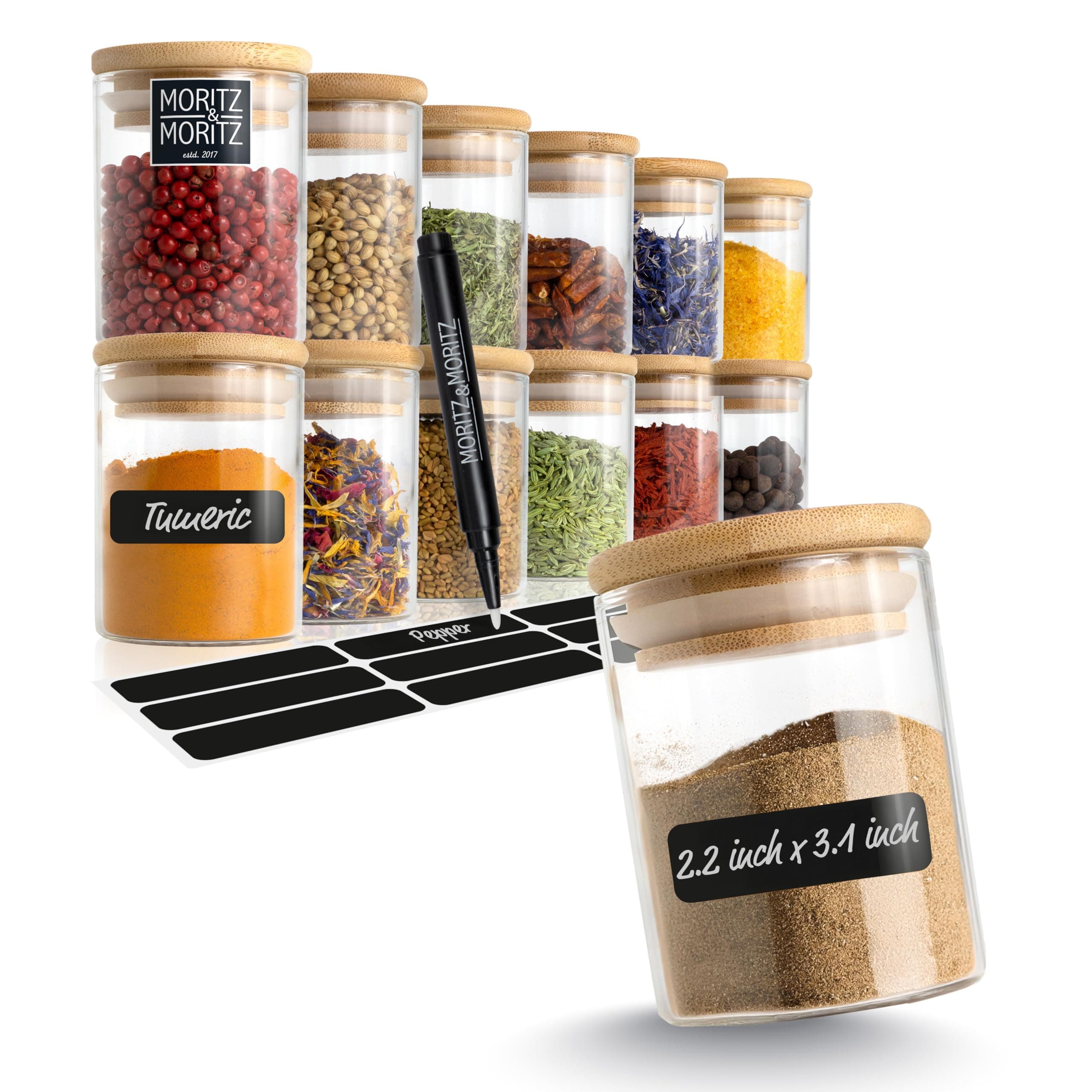 Moritz & Moritz 12x Small Spice Jars with Lids and Labels - Ø 5,5x8cm - 4.4oz/125 ml - Glass Spice Jars with Bamboo Lids with 12 x Labels and 1 x Chalk Pencil