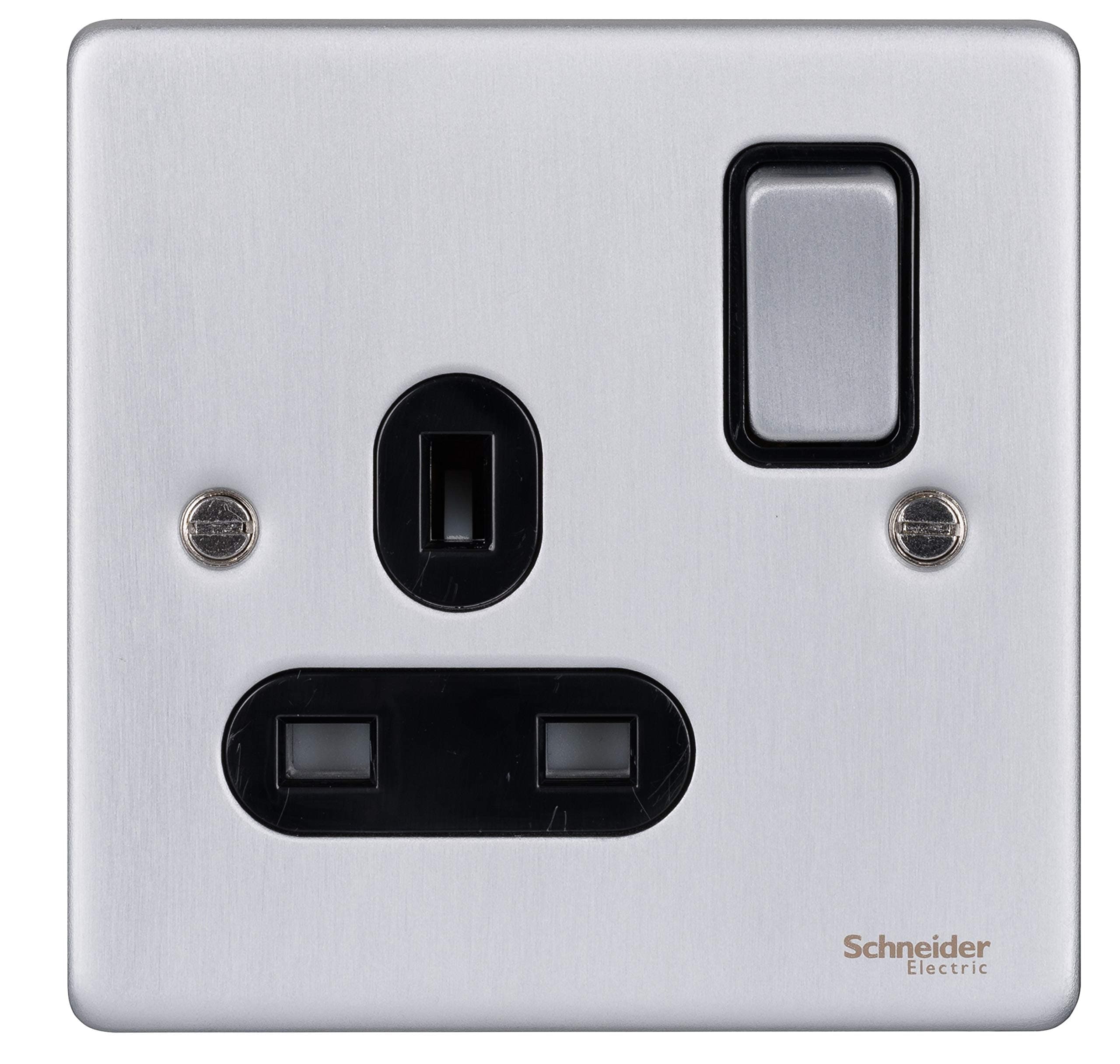 Schneider Electric GU3510BBC Ultimate Low Profile Brushed Chrome Black Insert 1 Gang 13A Switched Socket