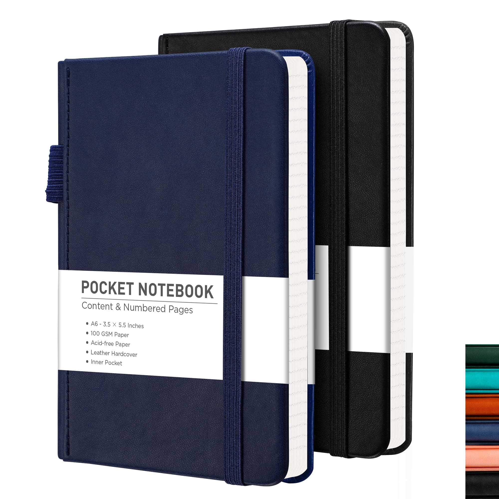 RETTACY Pocket Journal Notebook, 2-Pack, 160 Numbered Lined Pages per Pack, A6 Mini Small Size (3.5" × 5.5"), for Work, Journaling, Leather Hardcover, 100 GSM Thick Paper (Black & Navy Blue)