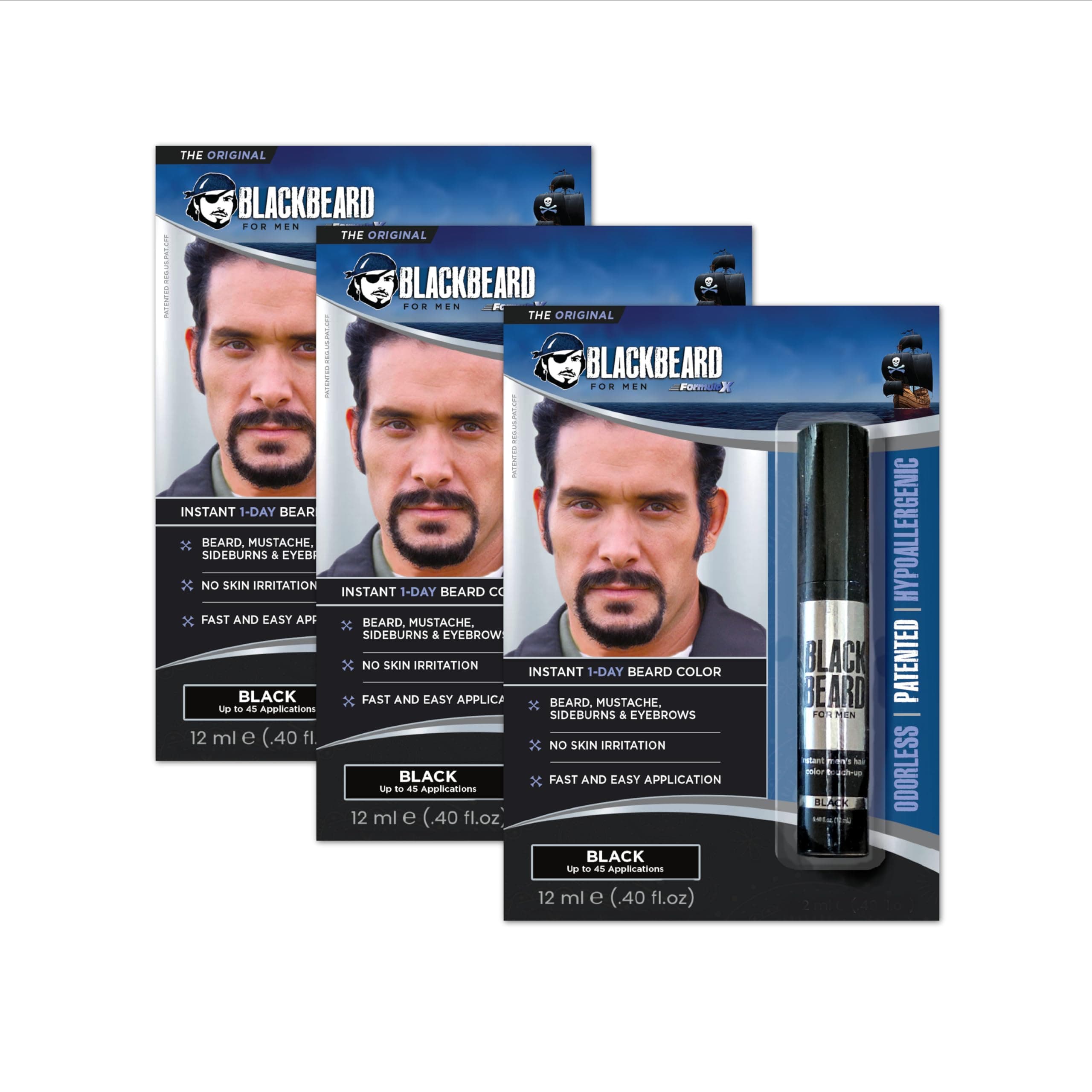 Blackbeard for Men Beard Color – 1-Day Beard, Mustache, Eyebrow, Sideburns Color – Temporary Facial Hair Tint - Hypoallergenic Beard Dye Alternative – Up to 45 applications – Black, 3 Pack