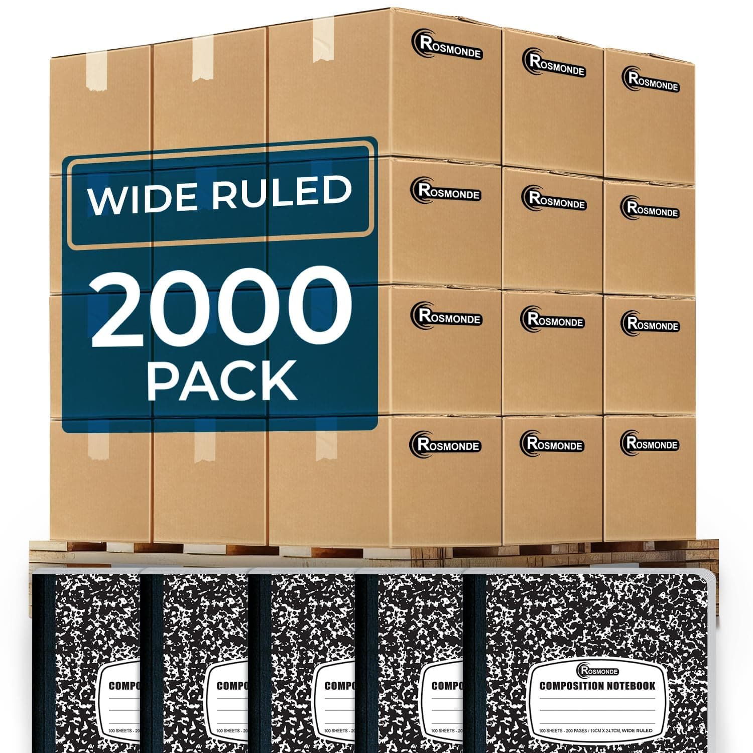 Rosmonde 2000 Pack (Pallet) Composition Notebooks Bulk, Wide Ruled, Full Pallet of Notebooks, 100 Sheets (200 Pages), 9-3/4 x 7-1/2, Bulk Notebooks for School, Bulk Office Notebooks, 4-7 Days Transit