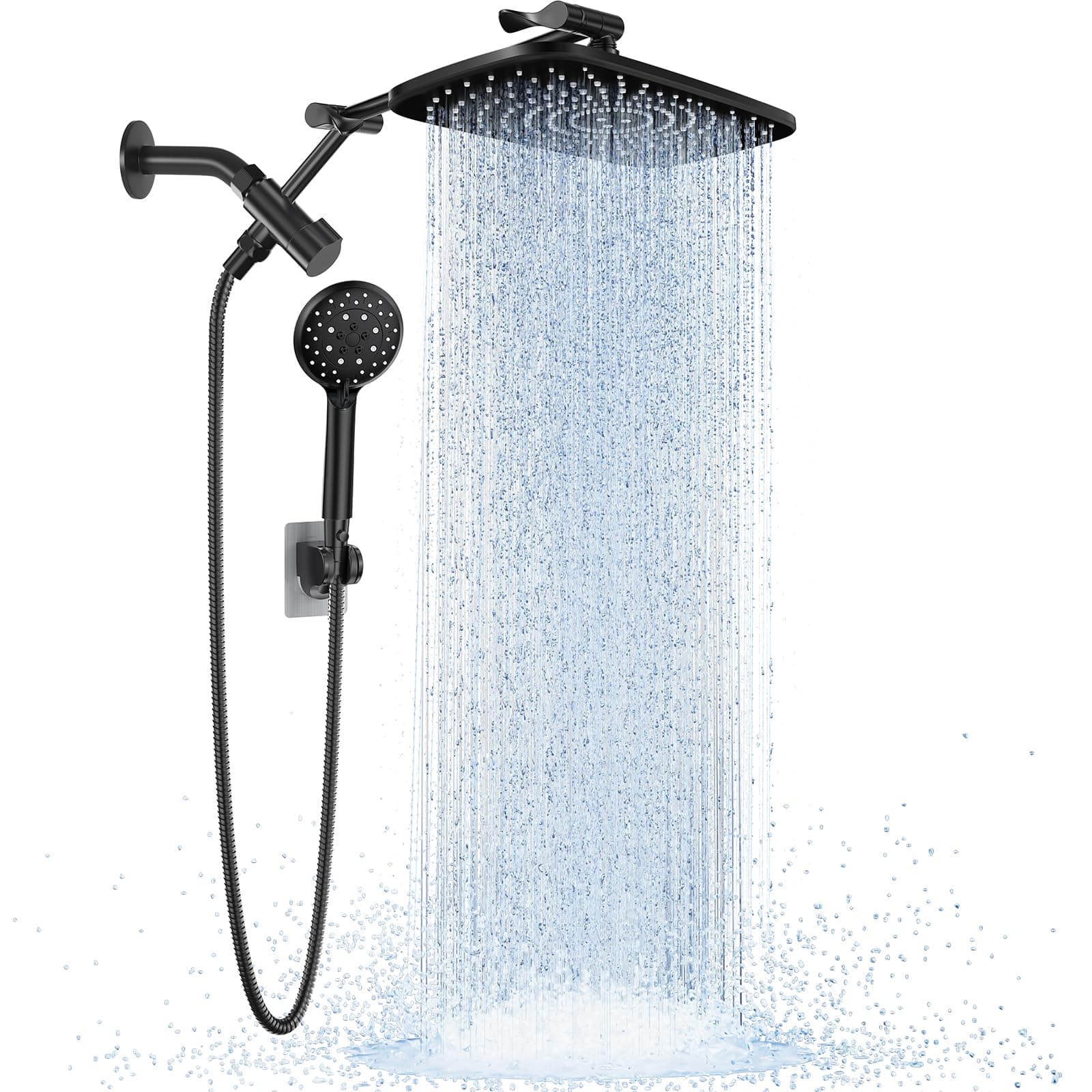 Veken Wide Rain Shower Head with Multi-Modes Handheld Water Spray,High Pressure Showerhead Combo with Arm for Bathroom Accessories,Home Decor Adjustable Dual Shower with Anti-Clog Nozzles,Matte Black