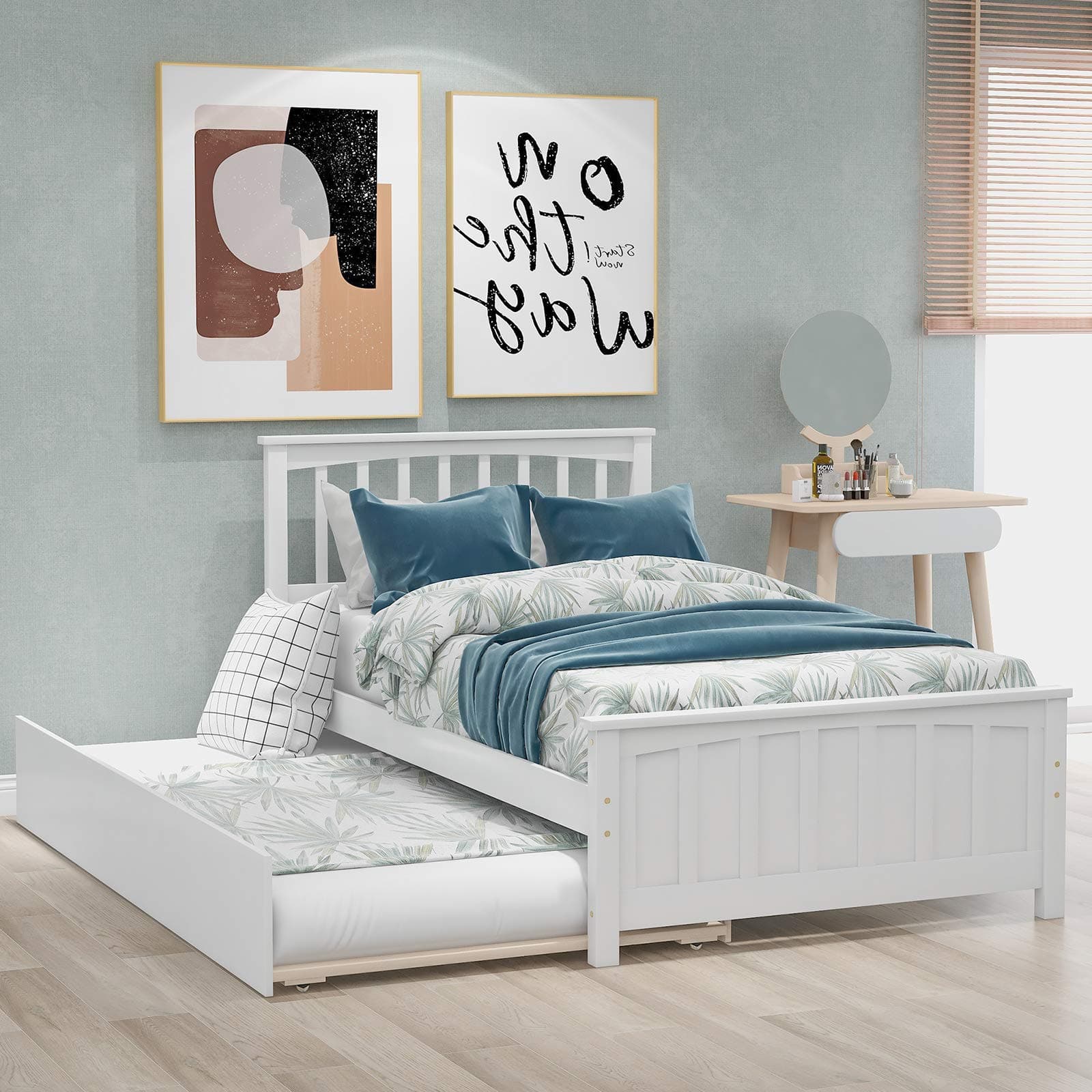 Solid Wood Bed Frame Twin Size with Trundle and Headboard, Modern Platform Bed for Saving Space, No Box Spring Needed, White