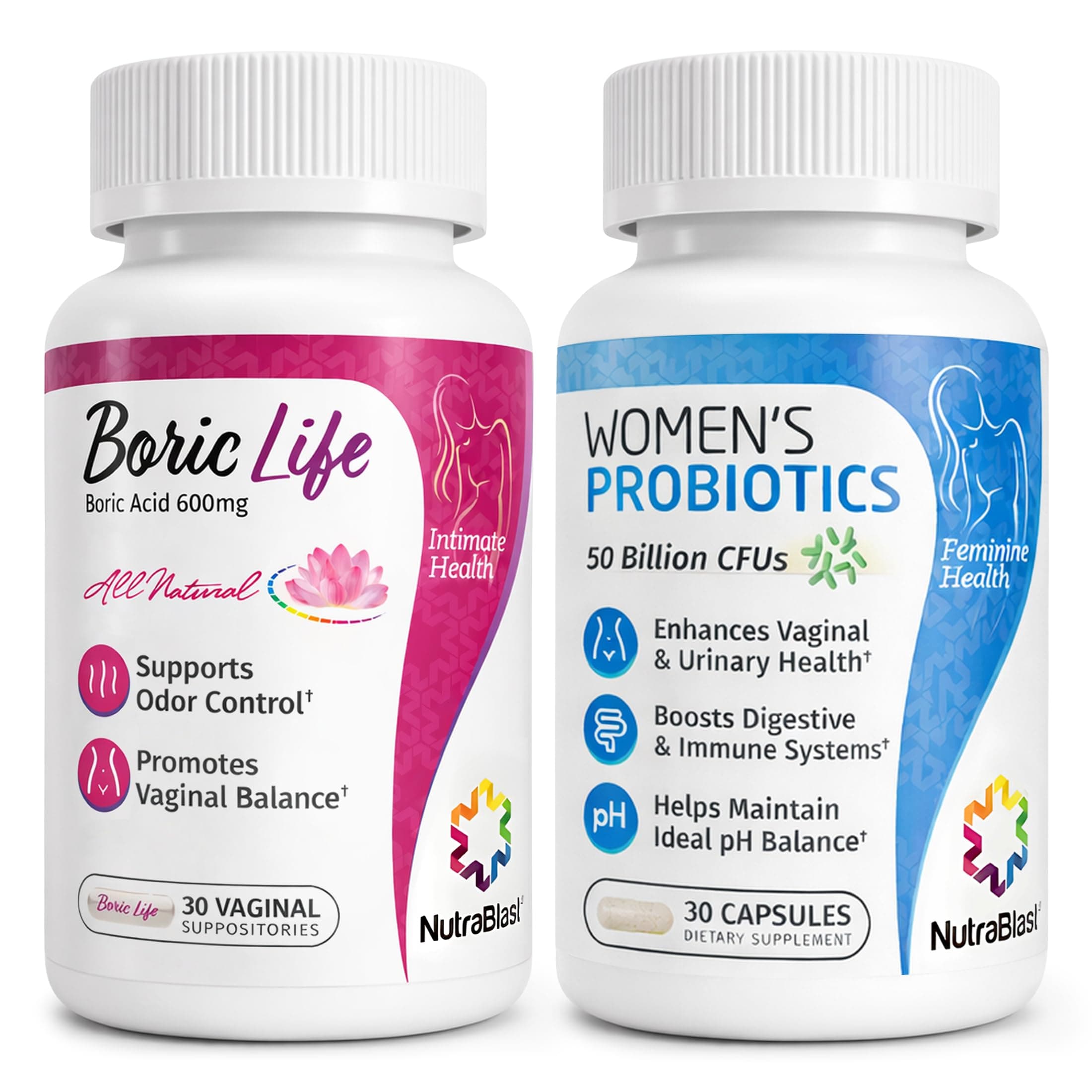 NutraBlast Boric Acid Suppositories Bundle with Women's Probiotics | Supports Odor Control | Digestive, UT & Intimate Health | Promotes Healthy Intimate Balance (30 Count)