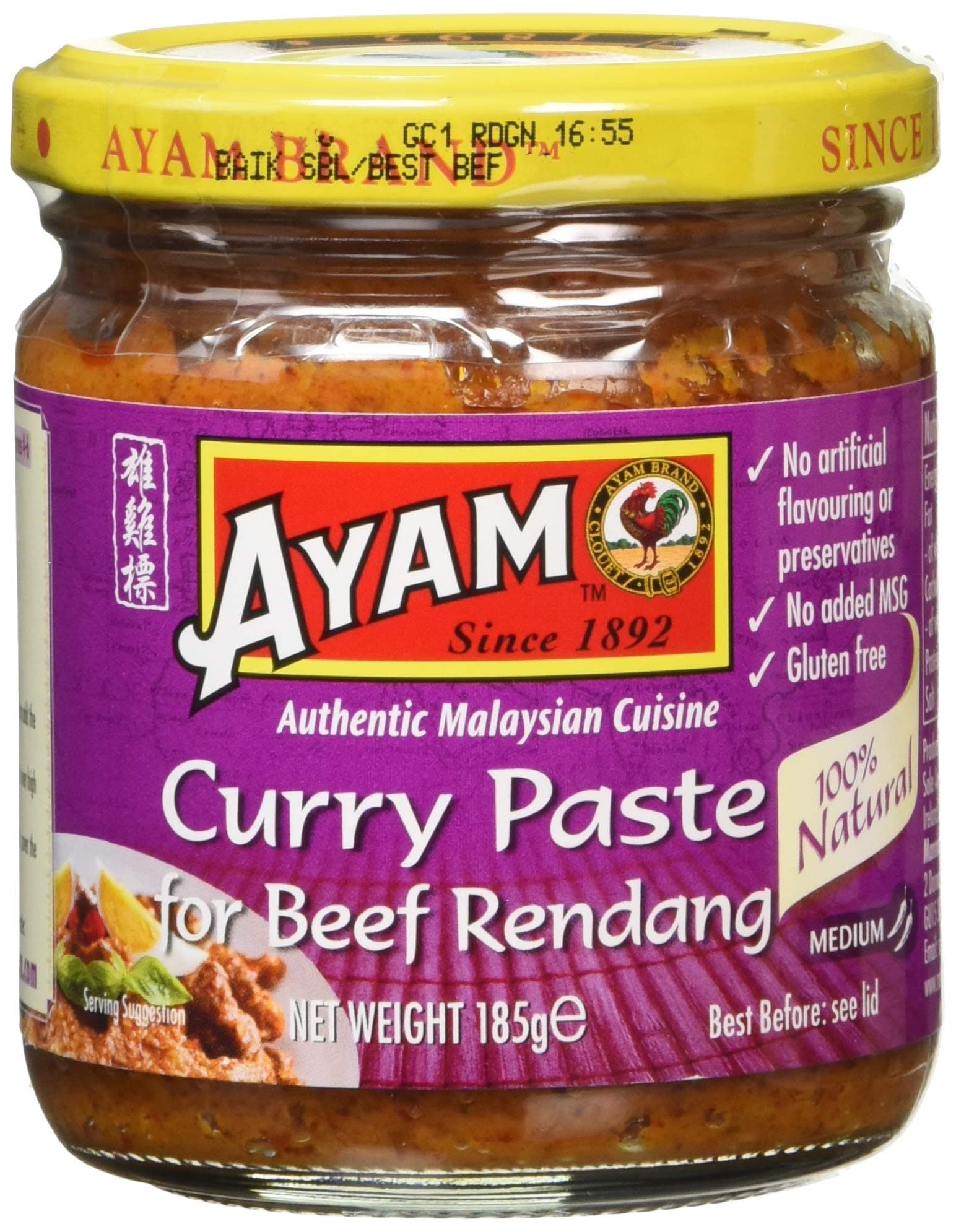 AYAM Rendang Curry Paste - 100% Natural Ingredients - Mild & Balanced - Asian Flavours - Easy and Quick Home Cooking - Gluten-Free - Dairy-Free - Non-GMO, No MSG, No Preservatives - 185g - Pack of 6